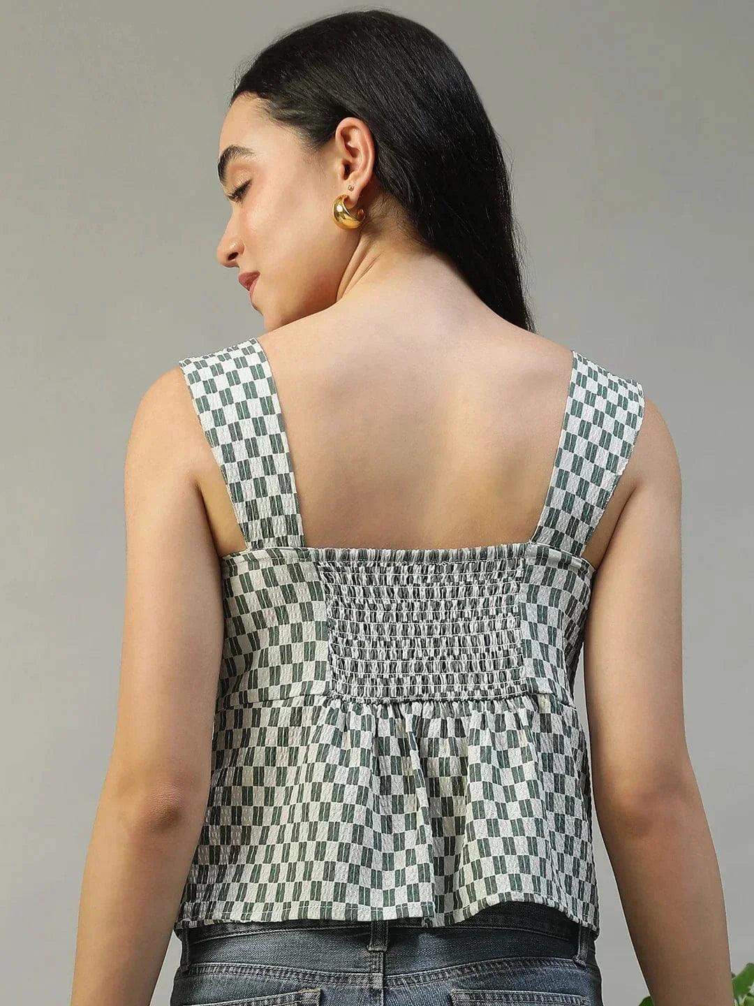 Forward Green Check Print Smocked Button Down Women Seersucker Dobby Top - oxolloxo