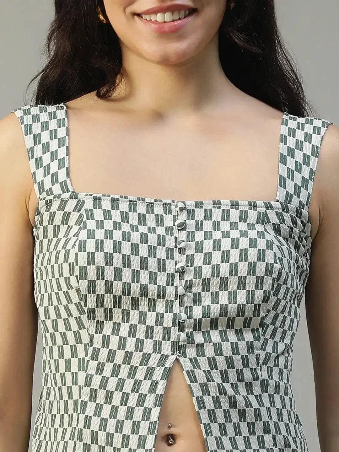 Forward Green Check Print Smocked Button Down Women Seersucker Dobby Top - oxolloxo