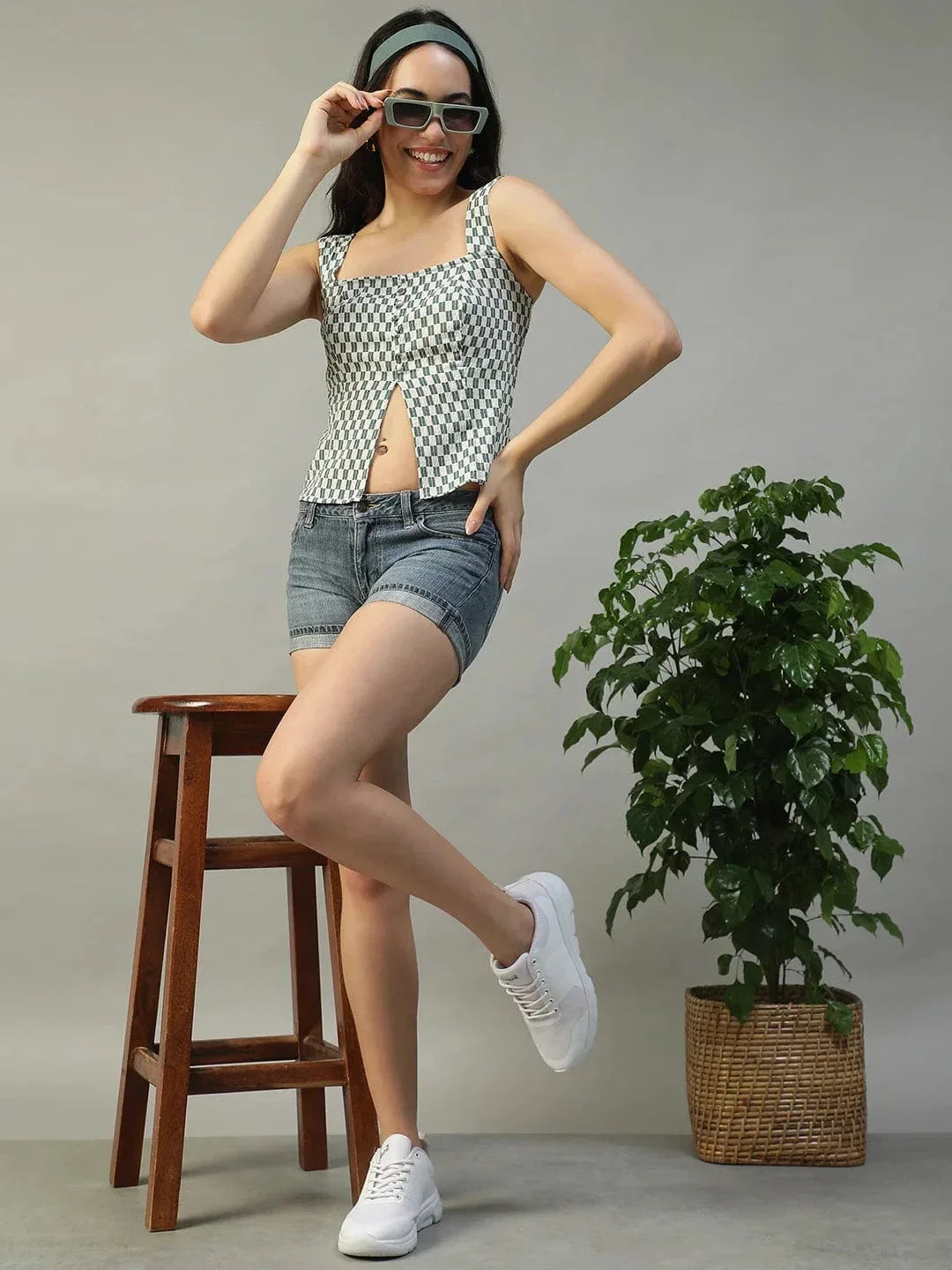 Forward Green Check Print Smocked Button Down Women Seersucker Dobby Top - oxolloxo