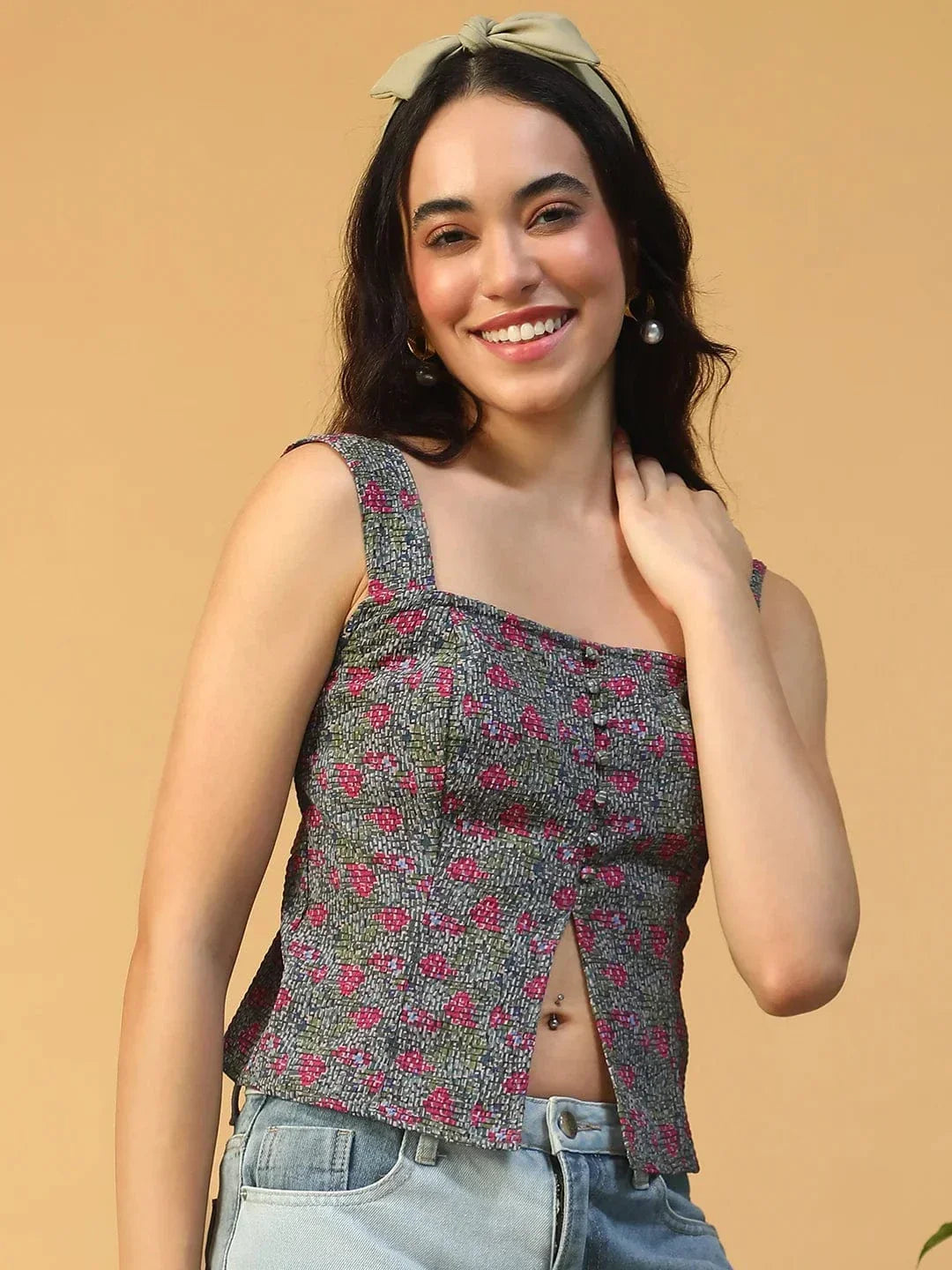 Multicolor Floral Print Smocked Button Down Women Seersucker Dobby Top - oxolloxo