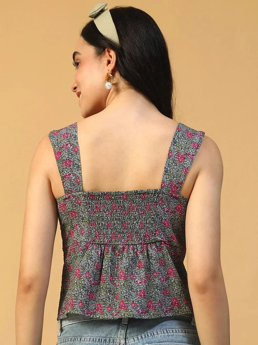 Multicolor Floral Print Smocked Button Down Women Seersucker Dobby Top - oxolloxo