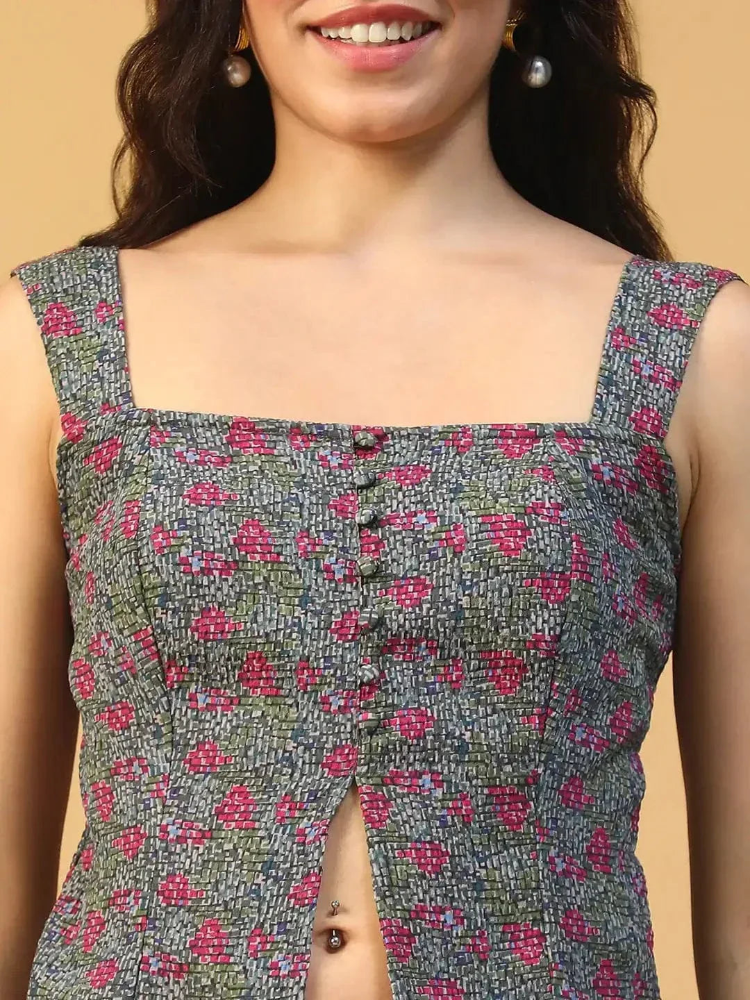 Multicolor Floral Print Smocked Button Down Women Seersucker Dobby Top - oxolloxo