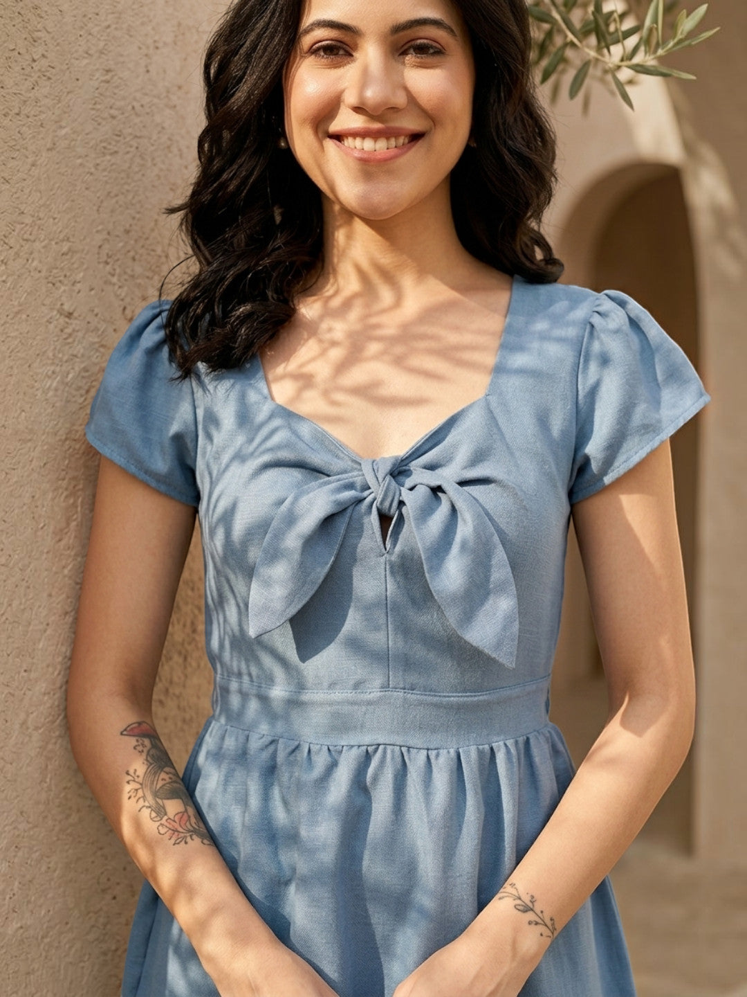 blue tie up dress womens casual