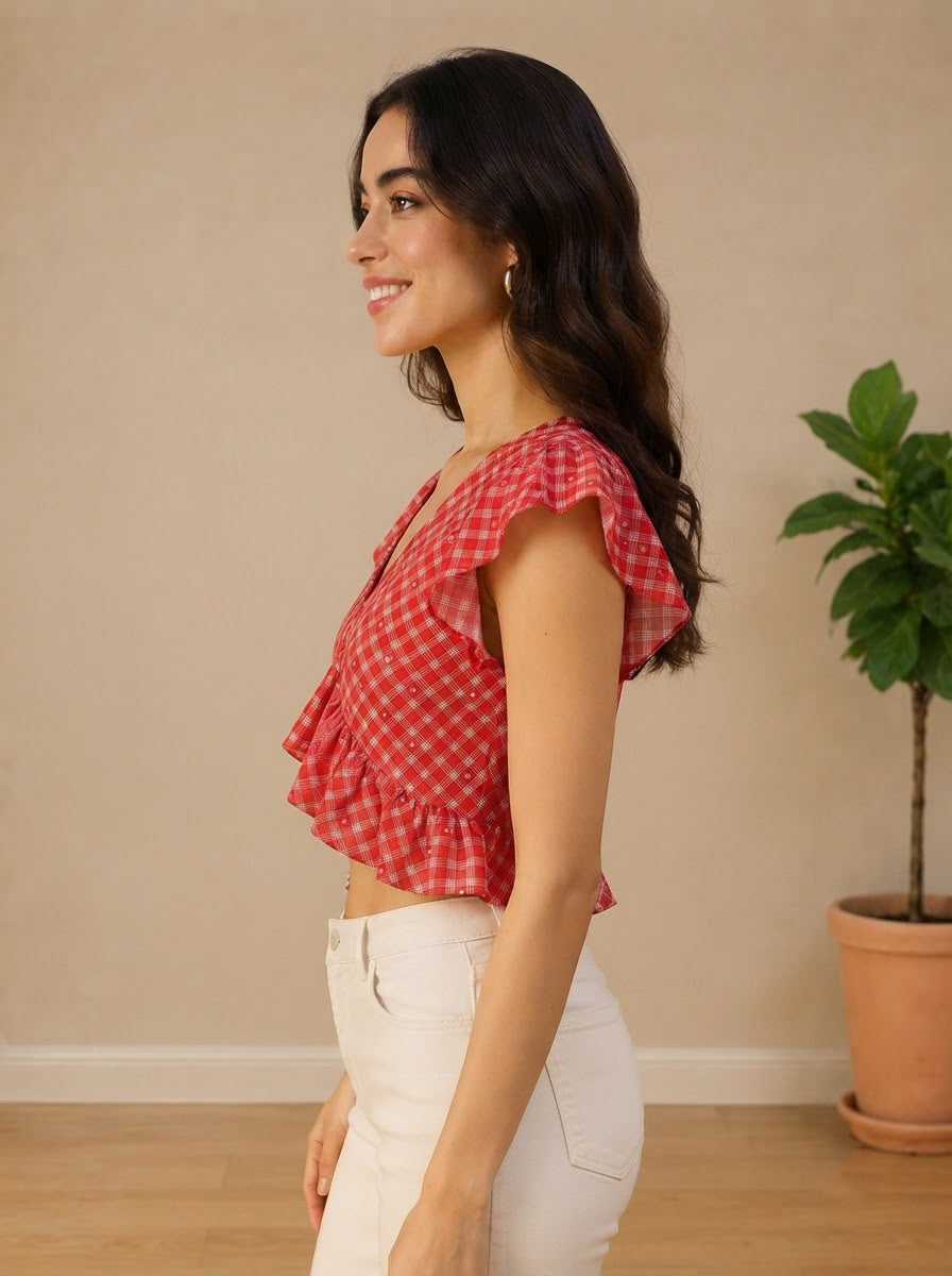 Red plaid ruffle crop top for women, paired with white jeans, stylish summer outfit