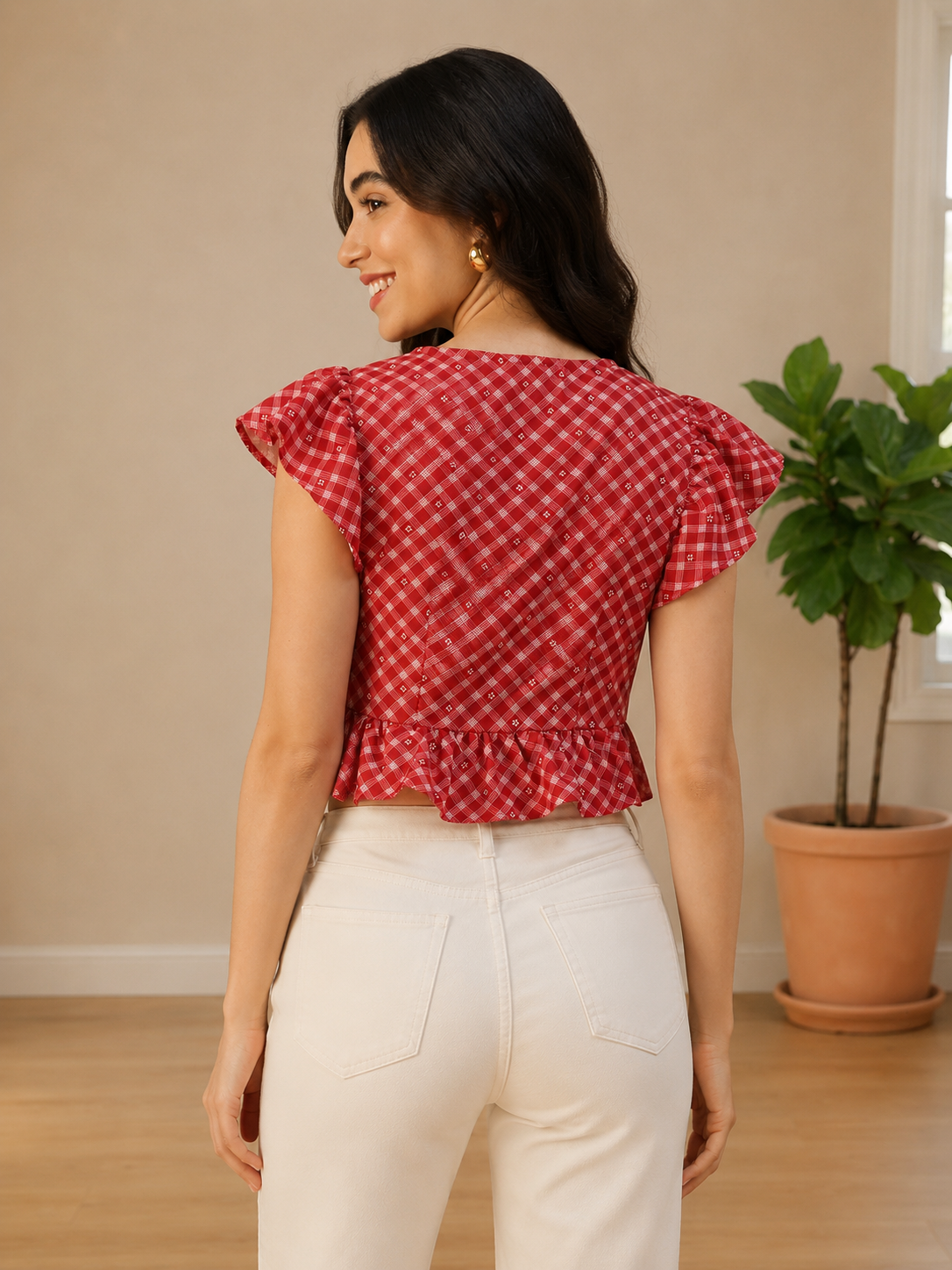 Red plaid ruffle top with puff sleeves, paired with white jeans for women's fashion