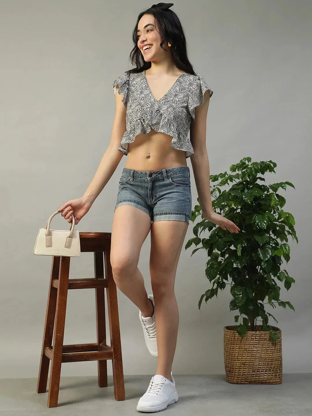 Loud Brown Animal Print Short Sleeve Ruffle Detail Women Crop Top in Slub Fabric - oxolloxo