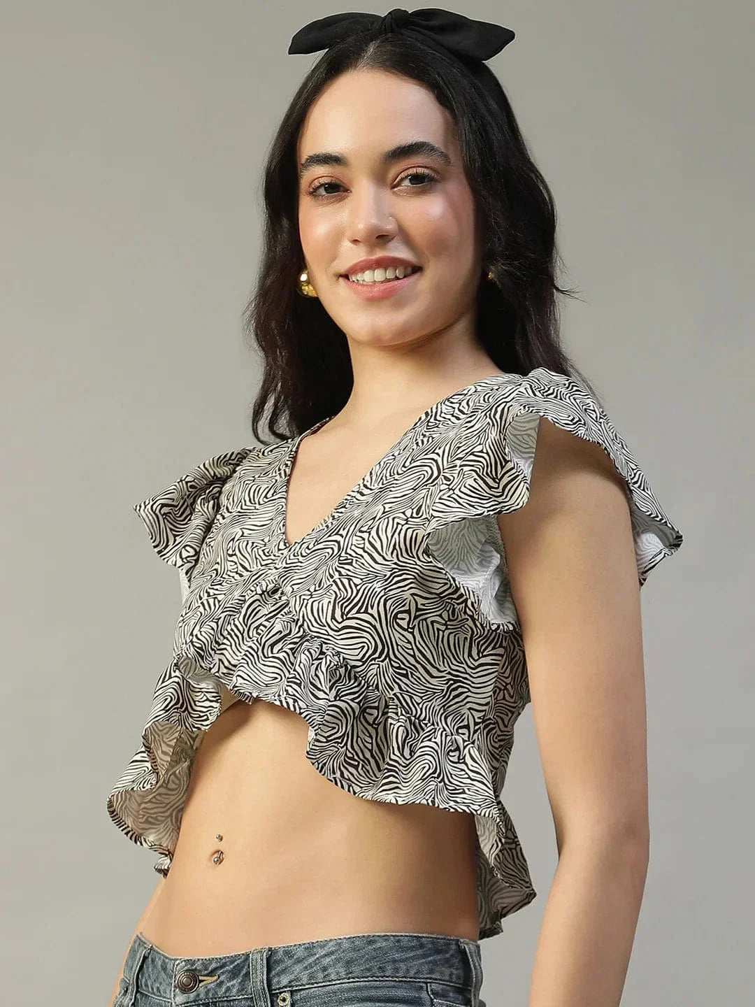 Loud Brown Animal Print Short Sleeve Ruffle Detail Women Crop Top in Slub Fabric - oxolloxo