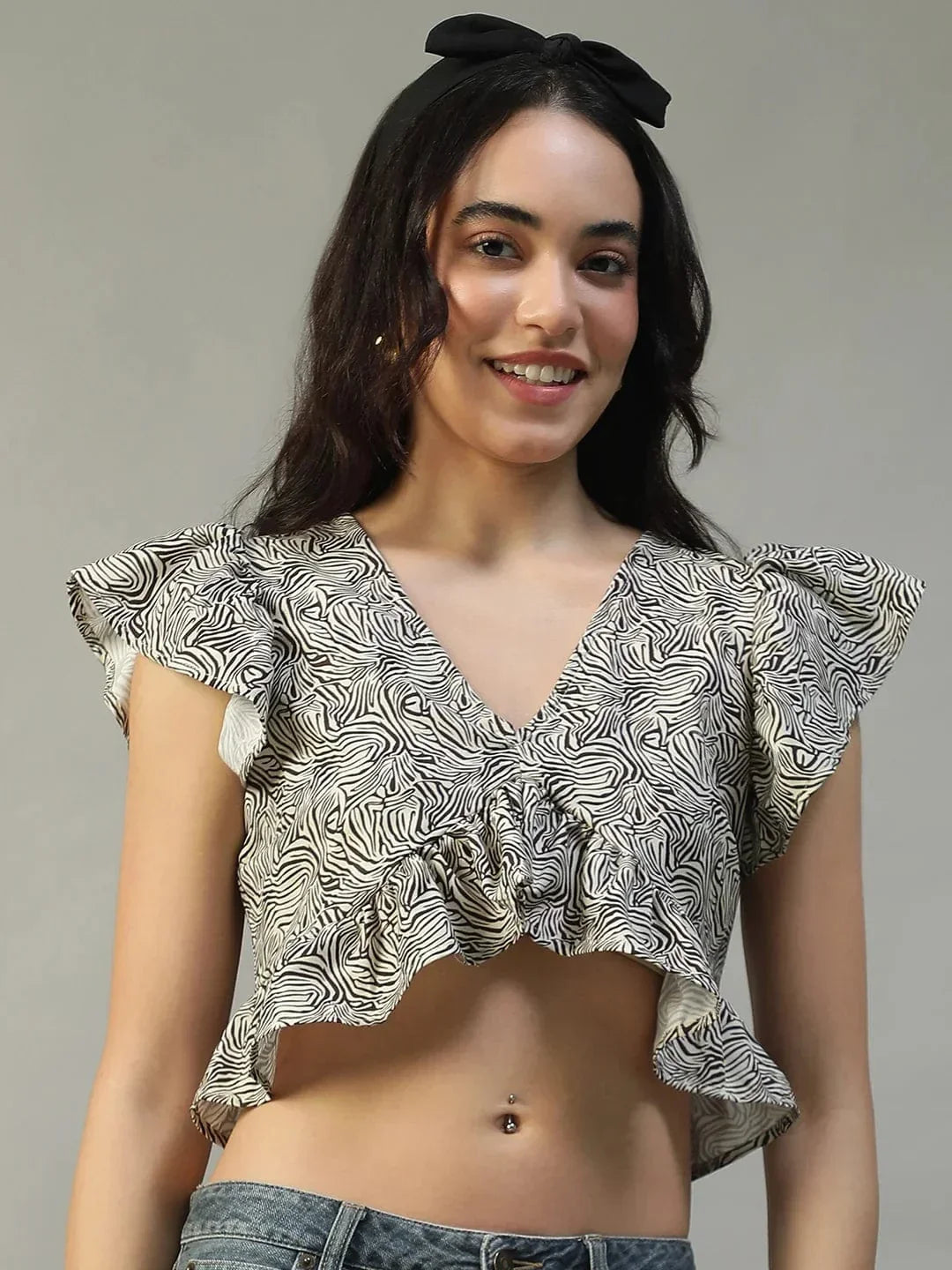 Loud Brown Animal Print Short Sleeve Ruffle Detail Women Crop Top in Slub Fabric - oxolloxo