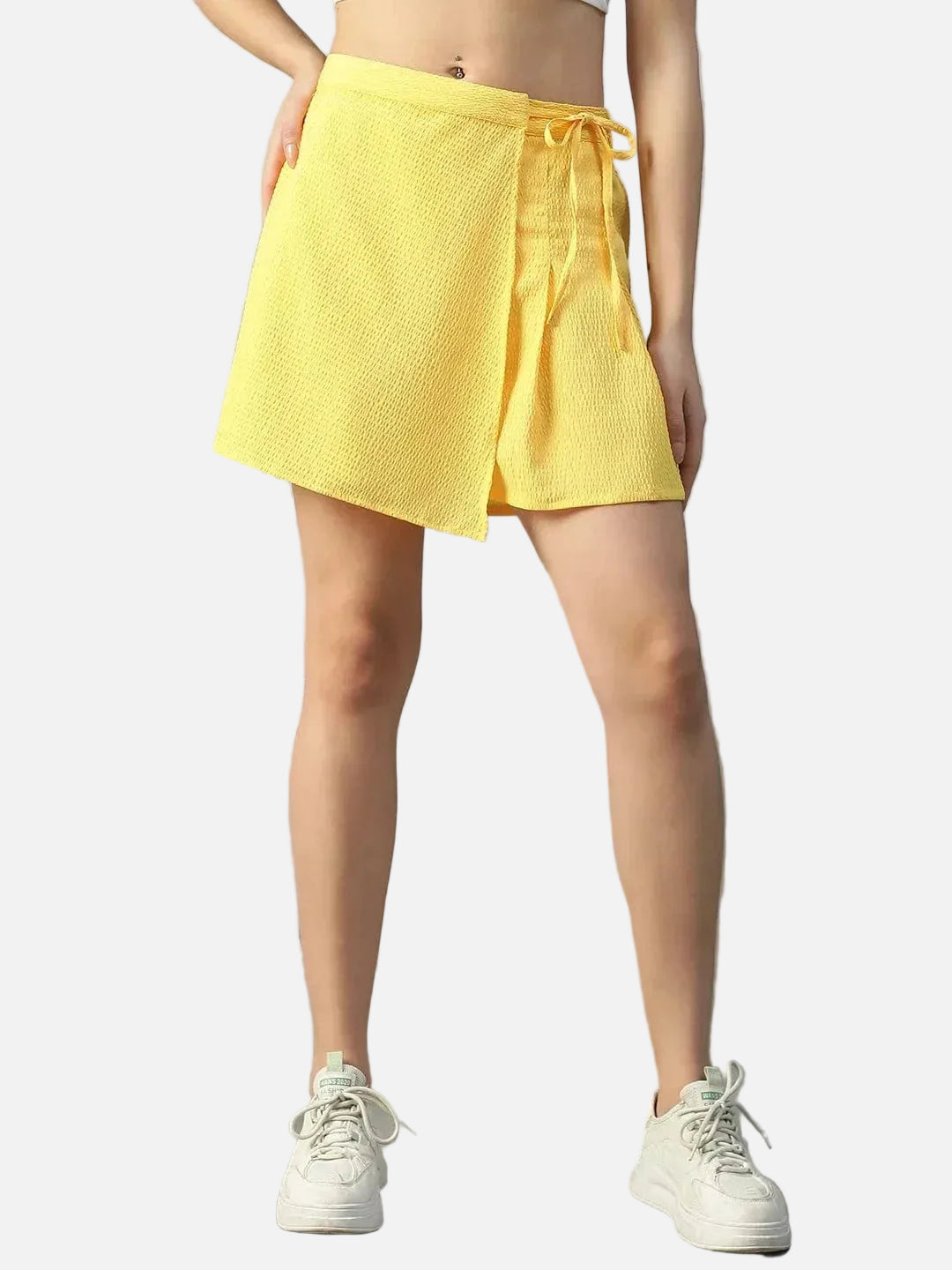 Vibey Solid Yellow Elasticated Tie-Up Detail Seersucker Dobby Women Skort with Front Flap - oxolloxo