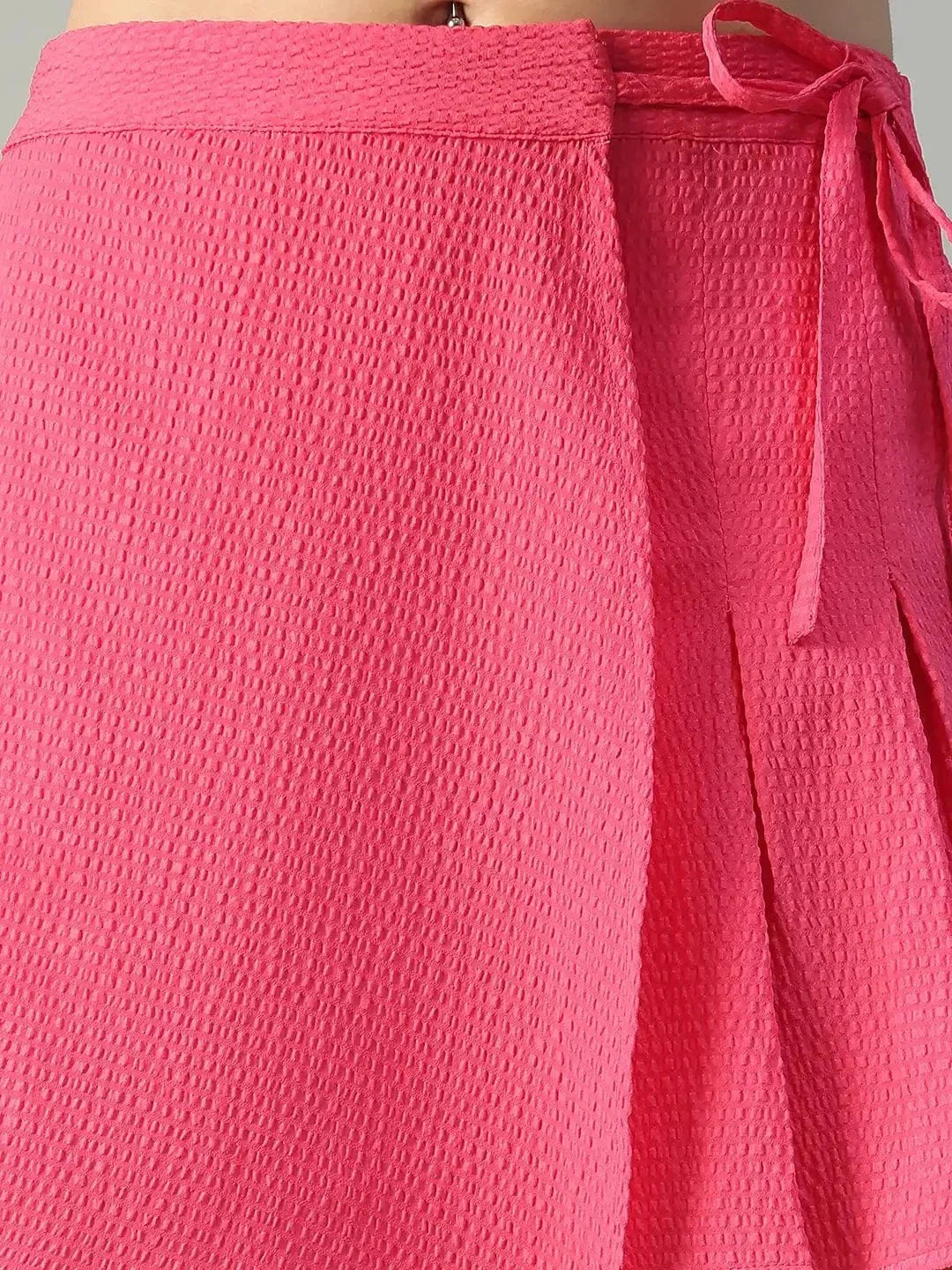 Barbiecore Solid Pink Elasticated Tie-Up Detail Seersucker Dobby Women Skort with Front Flap - oxolloxo