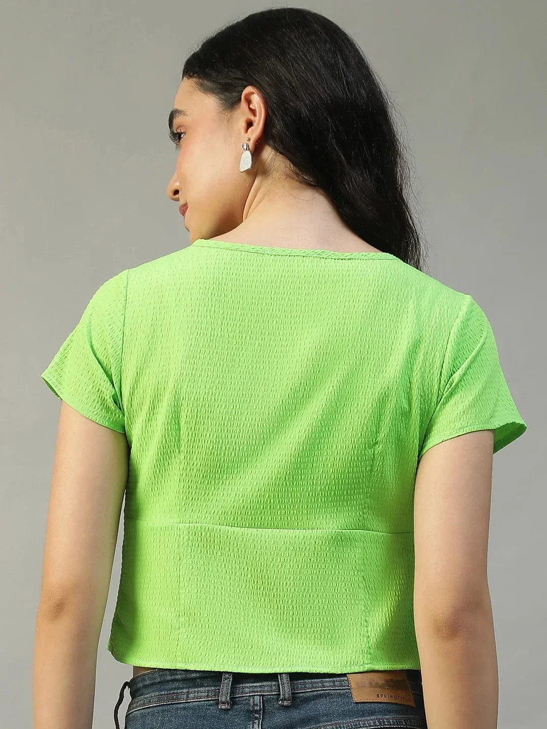 Parrot Solid Green Tie-Up Detail Short Sleeve Seersucker Dobby Women Top - oxolloxo