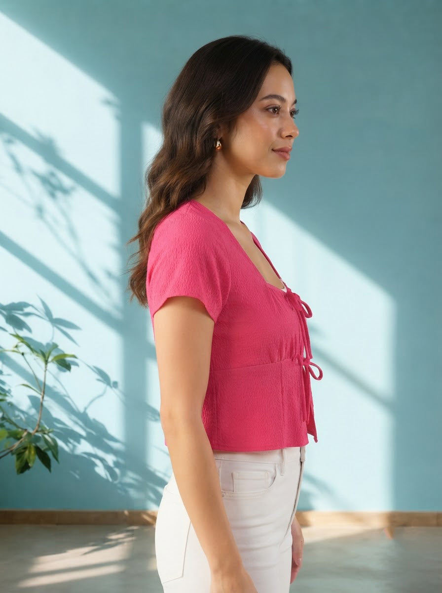 Pink V-neck tie-front crop top with short sleeves, styled with white pants for women's fashion