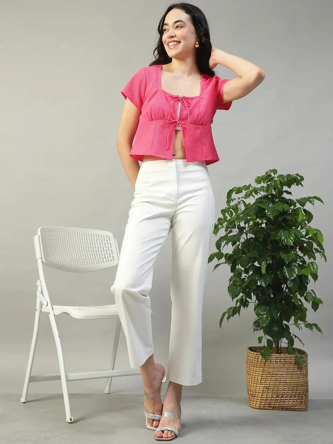 Tinted Solid Pink Tie-Up Detail Short Sleeve Seersucker Dobby Women Top - oxolloxo