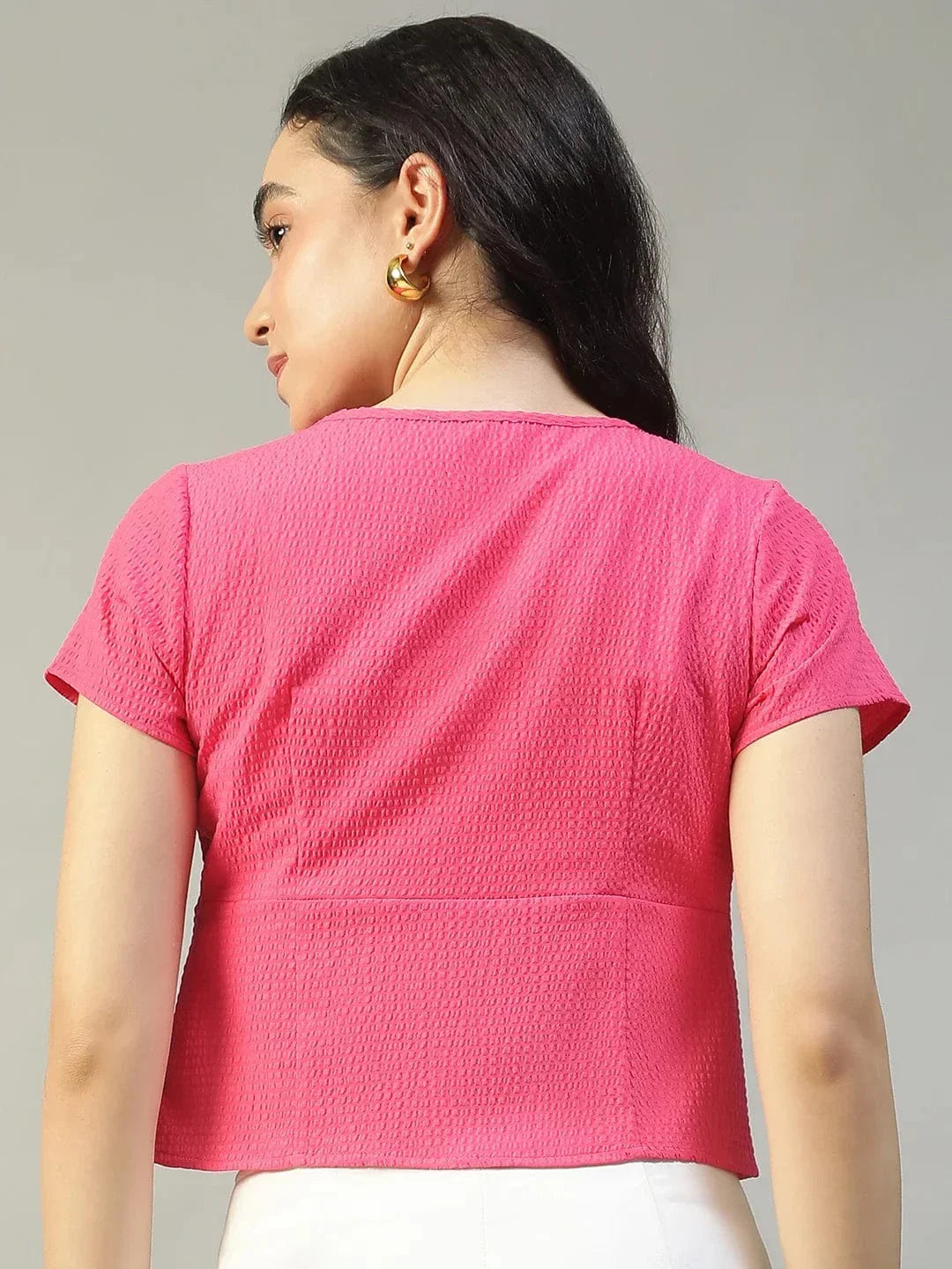 Tinted Solid Pink Tie-Up Detail Short Sleeve Seersucker Dobby Women Top - oxolloxo