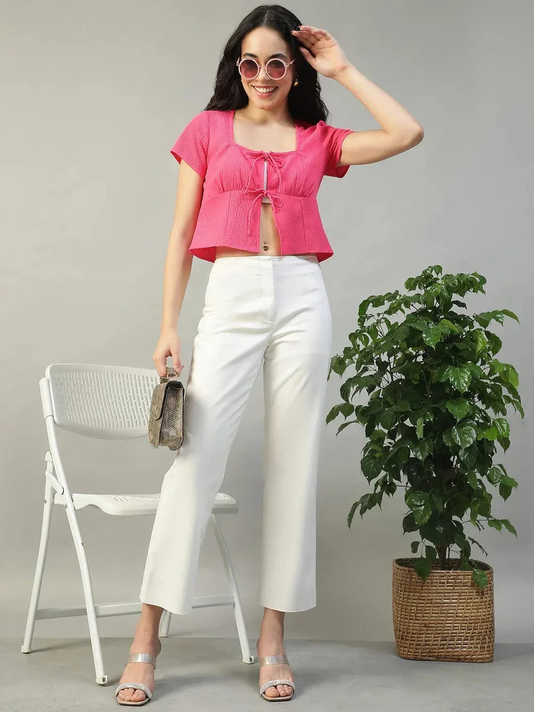 Tinted Solid Pink Tie-Up Detail Short Sleeve Seersucker Dobby Women Top - oxolloxo