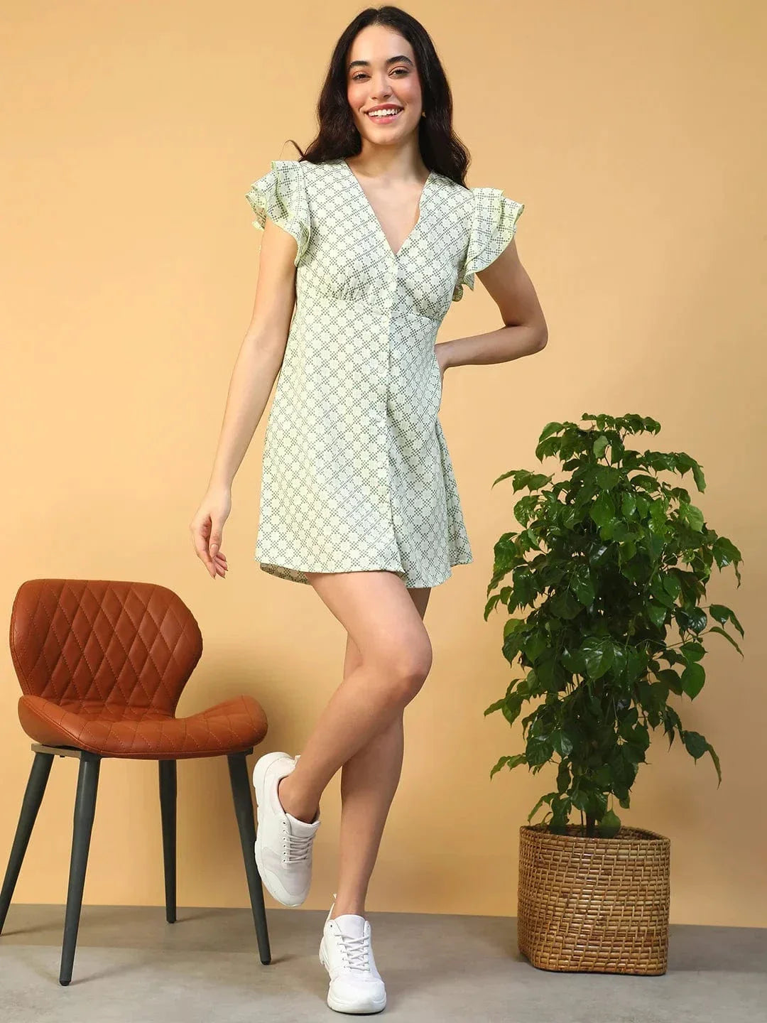 Clamin Green Check Print Short Sleeve Button Down Cut Out & Ruffle Detail Women Dress In Slub Fabric - oxolloxo