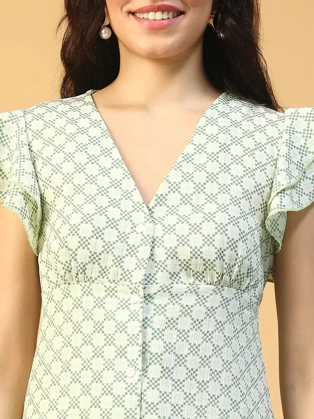 Clamin Green Check Print Short Sleeve Button Down Cut Out & Ruffle Detail Women Dress In Slub Fabric - oxolloxo