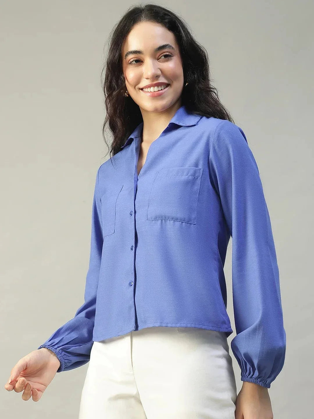 Steel Blue Collared Button Down Long Sleeve Women Shirt In Slub Fabric - oxolloxo