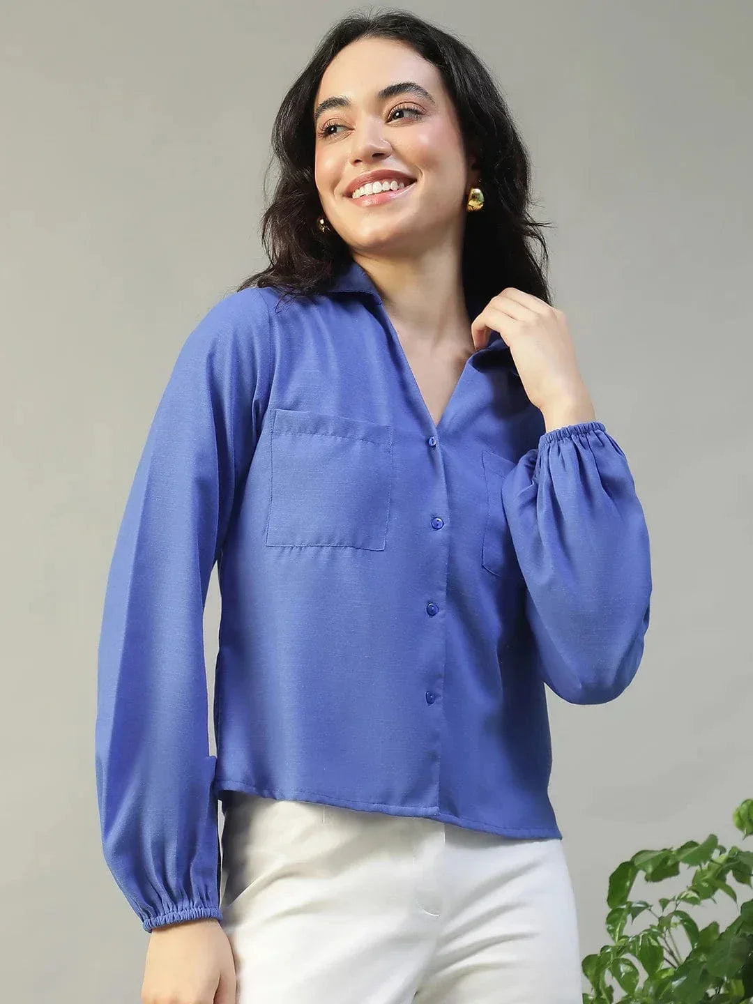 Steel Blue Collared Button Down Long Sleeve Women Shirt In Slub Fabric - oxolloxo