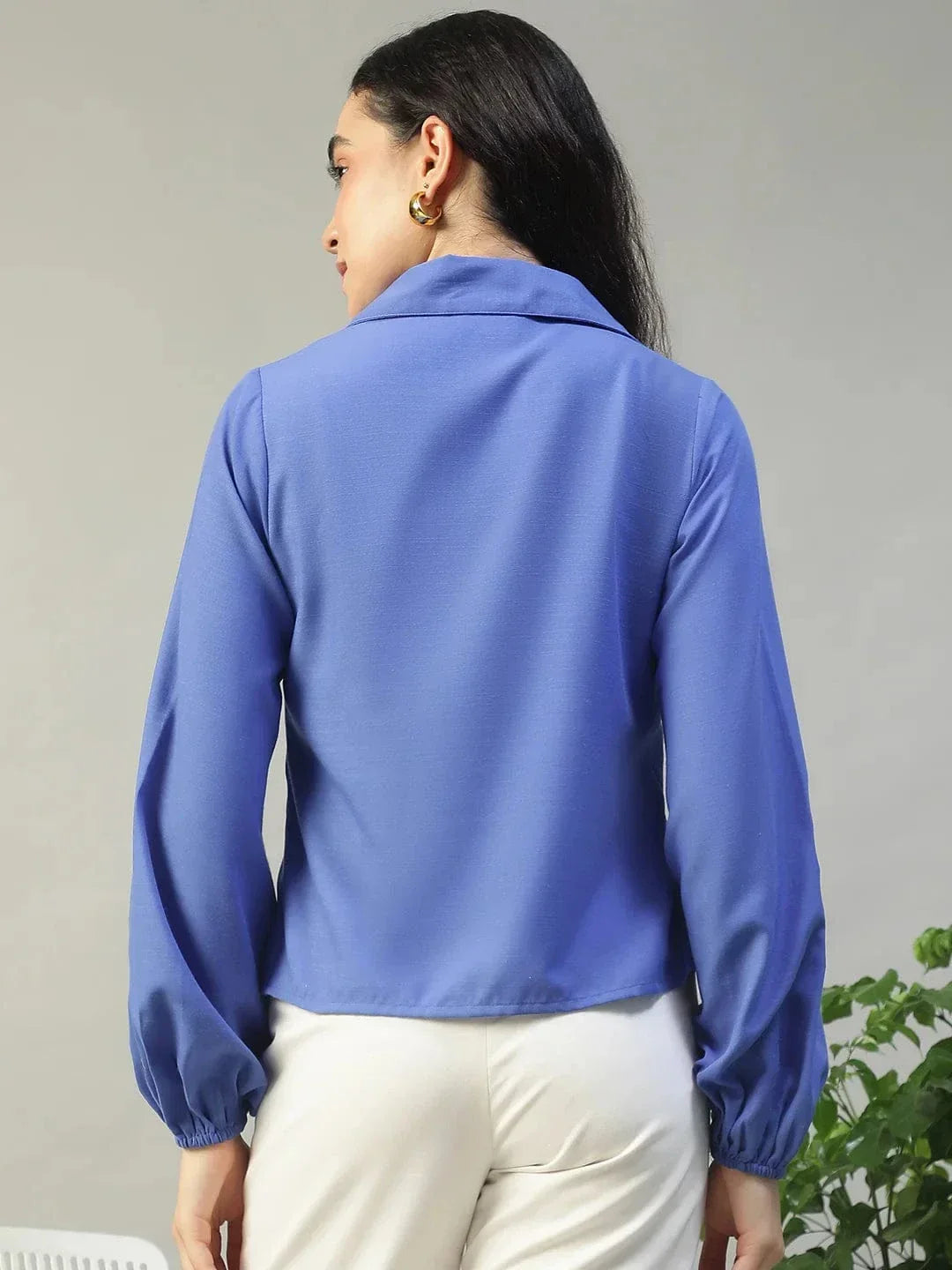 Steel Blue Collared Button Down Long Sleeve Women Shirt In Slub Fabric - oxolloxo
