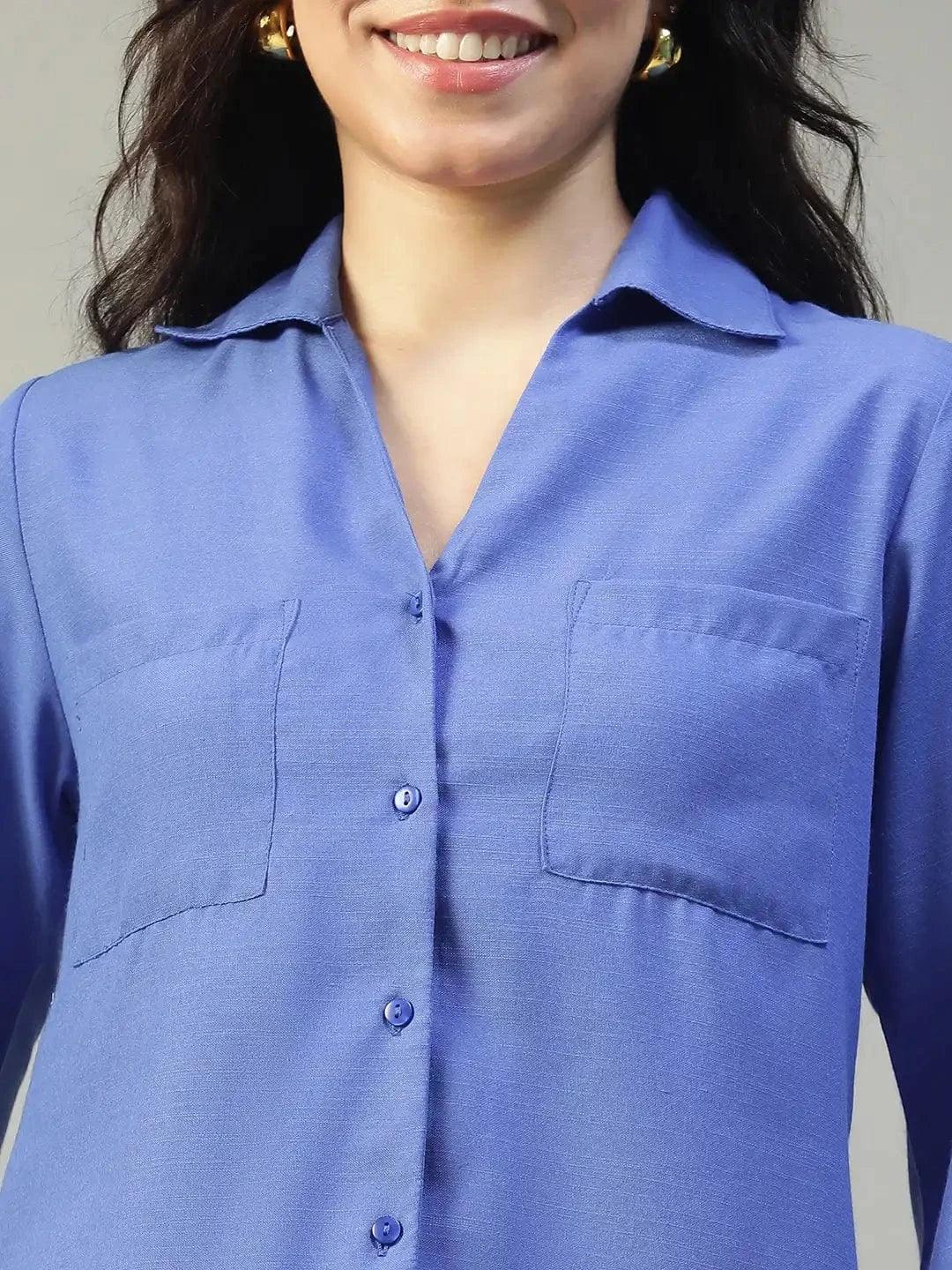 Steel Blue Collared Button Down Long Sleeve Women Shirt In Slub Fabric - oxolloxo