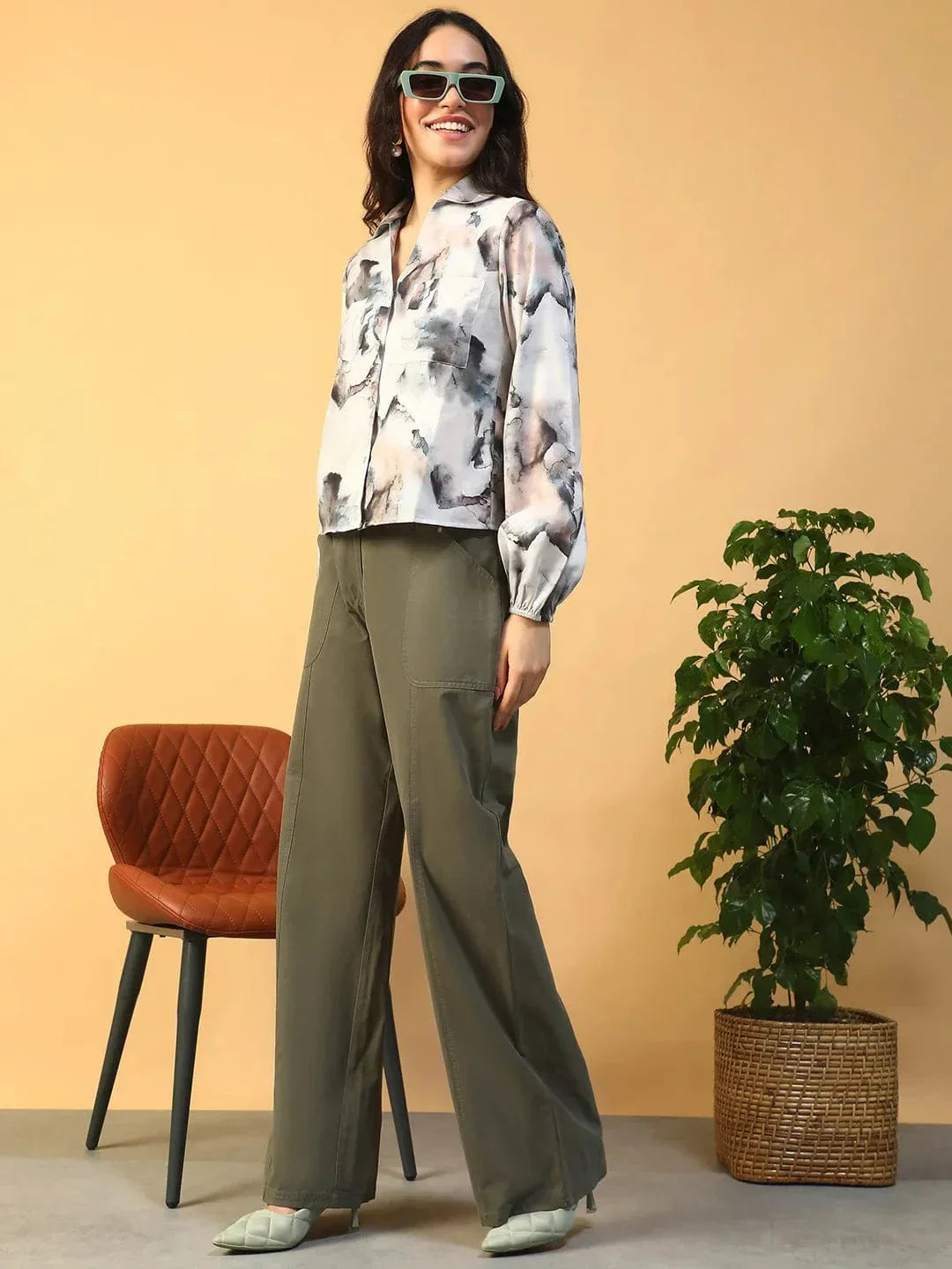 Multicolor Marble Print Collared Button Down Long Sleeve Women Shirt In Slub Fabric - oxolloxo