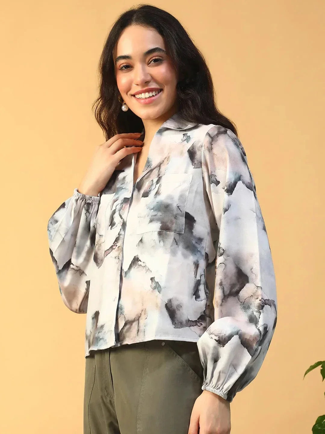 Multicolor Marble Print Collared Button Down Long Sleeve Women Shirt In Slub Fabric - oxolloxo