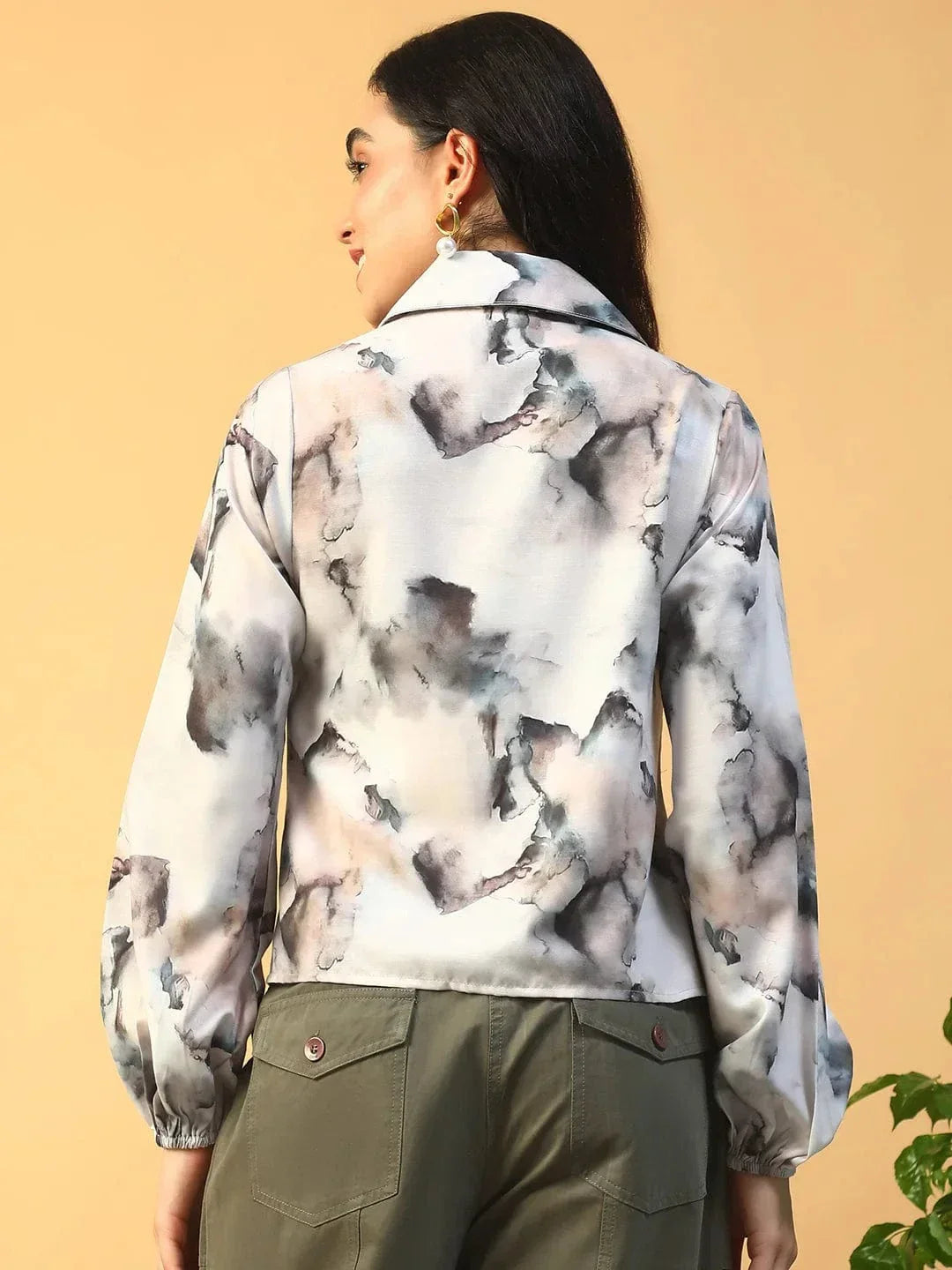 Multicolor Marble Print Collared Button Down Long Sleeve Women Shirt In Slub Fabric - oxolloxo