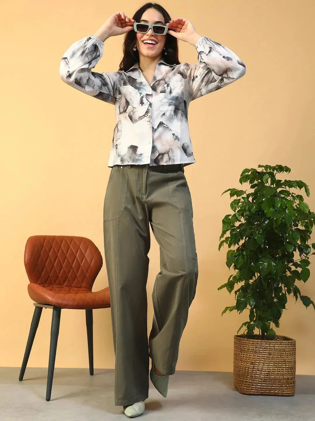 Multicolor Marble Print Collared Button Down Long Sleeve Women Shirt In Slub Fabric - oxolloxo