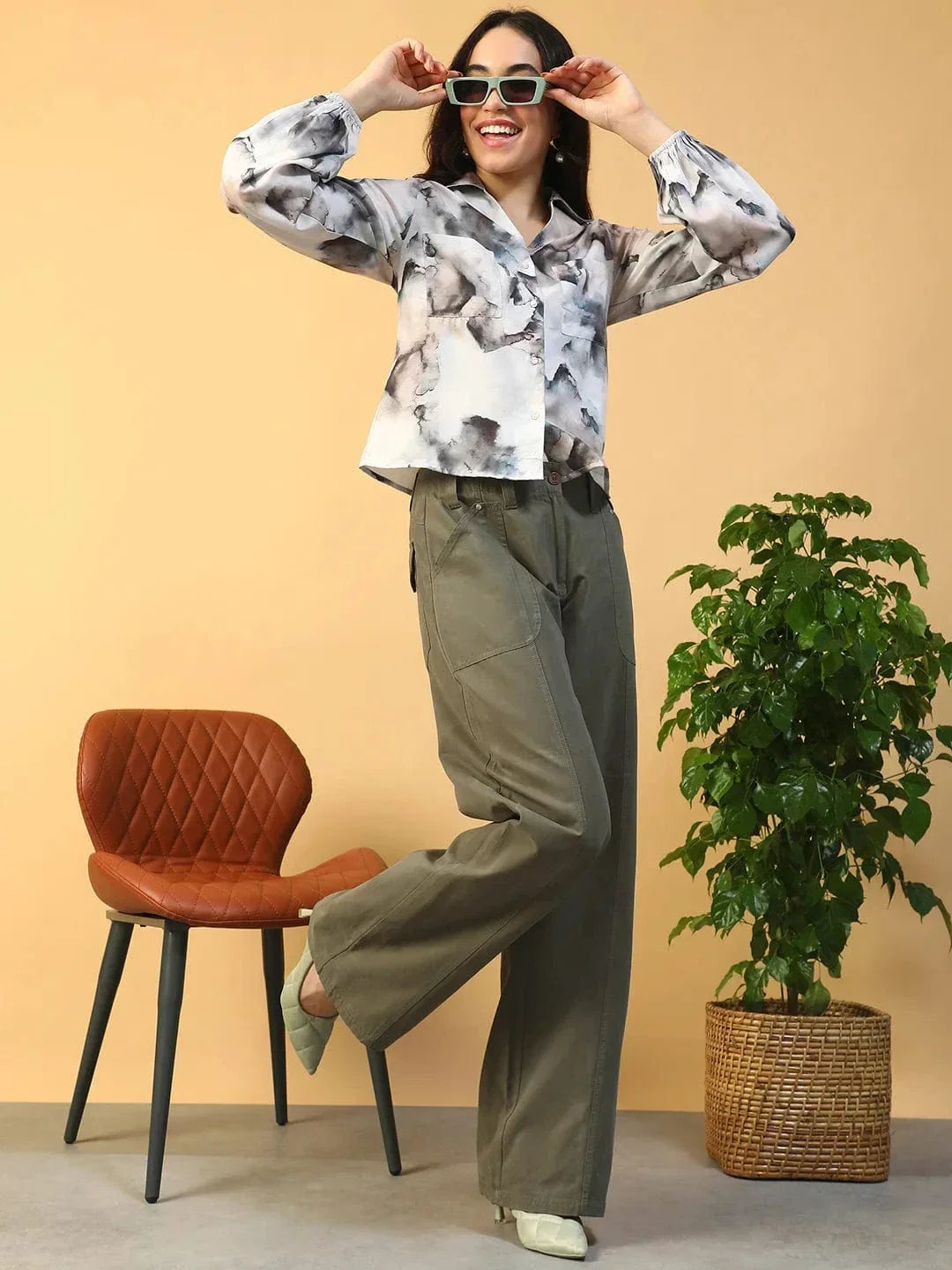 Multicolor Marble Print Collared Button Down Long Sleeve Women Shirt In Slub Fabric - oxolloxo