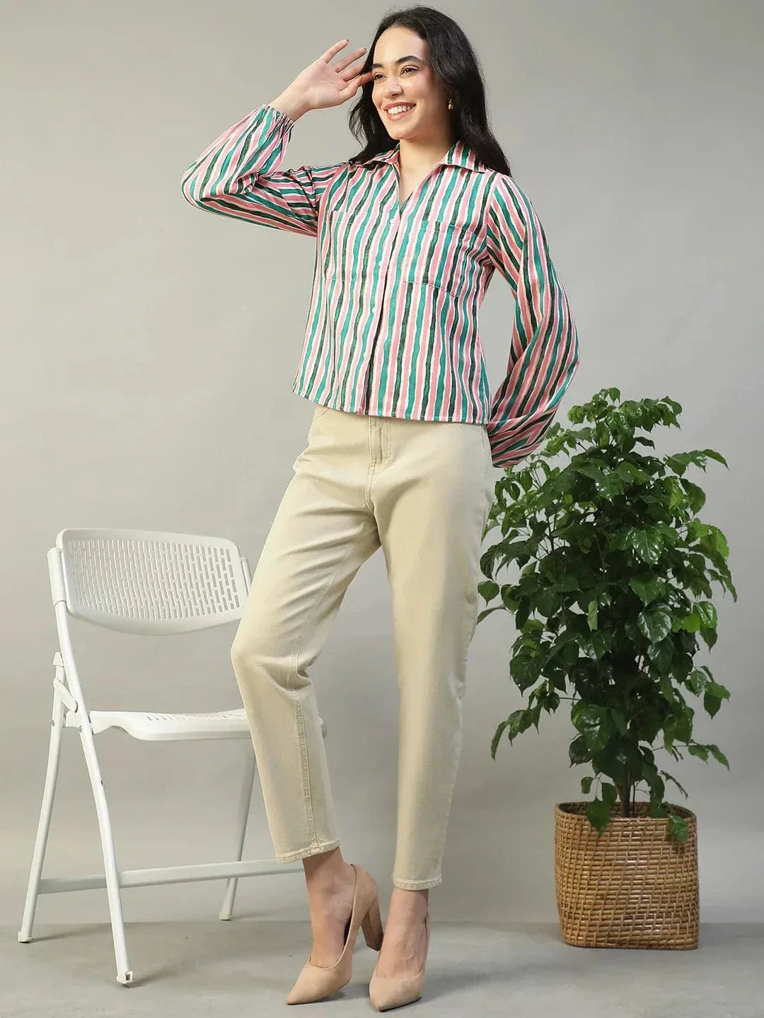 Multicolor Stripe Print Collared Button Down Long Sleeve Women Shirt In Slub Fabric - oxolloxo