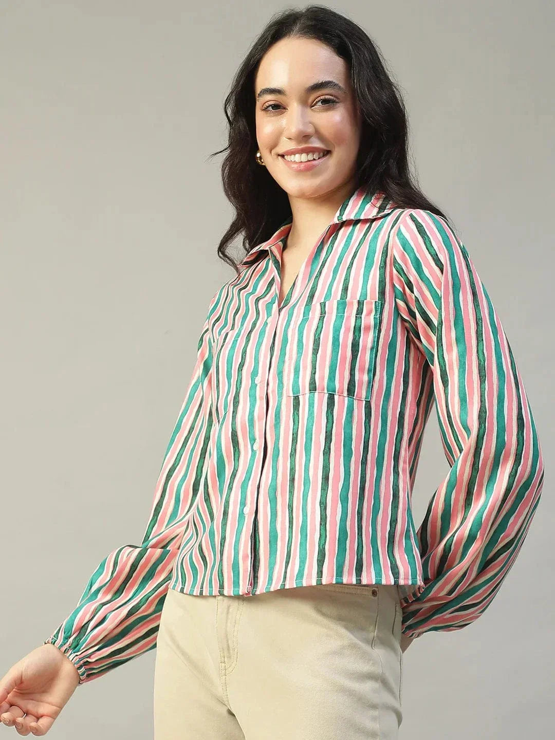 Multicolor Stripe Print Collared Button Down Long Sleeve Women Shirt In Slub Fabric - oxolloxo