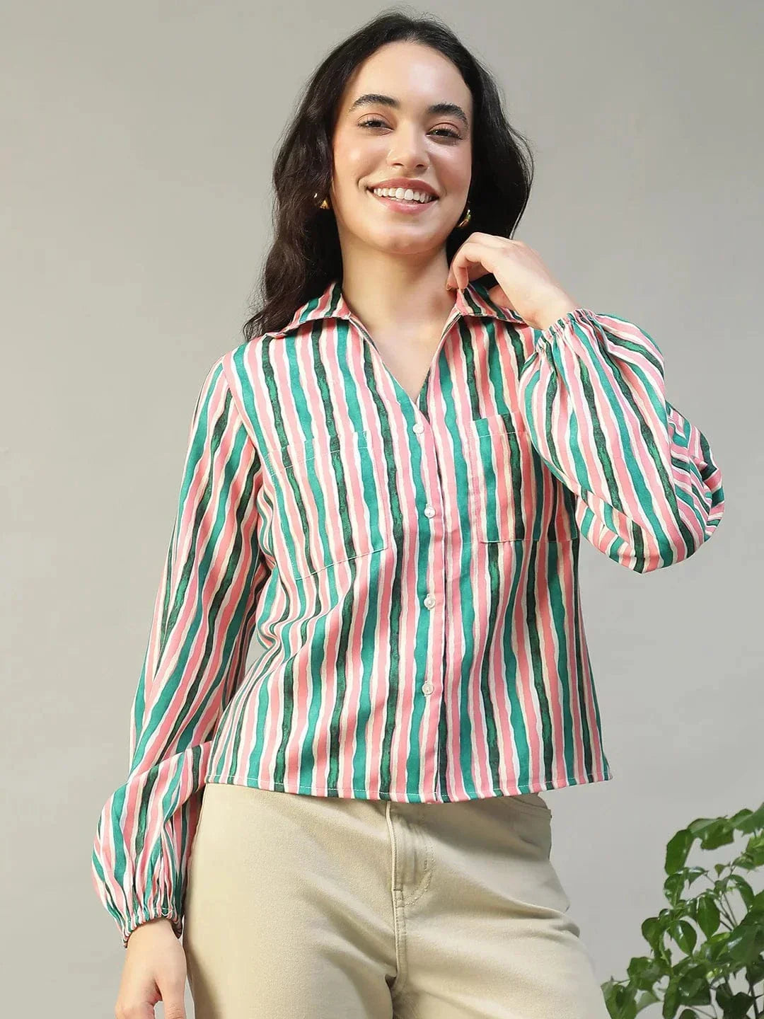 Multicolor Stripe Print Collared Button Down Long Sleeve Women Shirt In Slub Fabric - oxolloxo