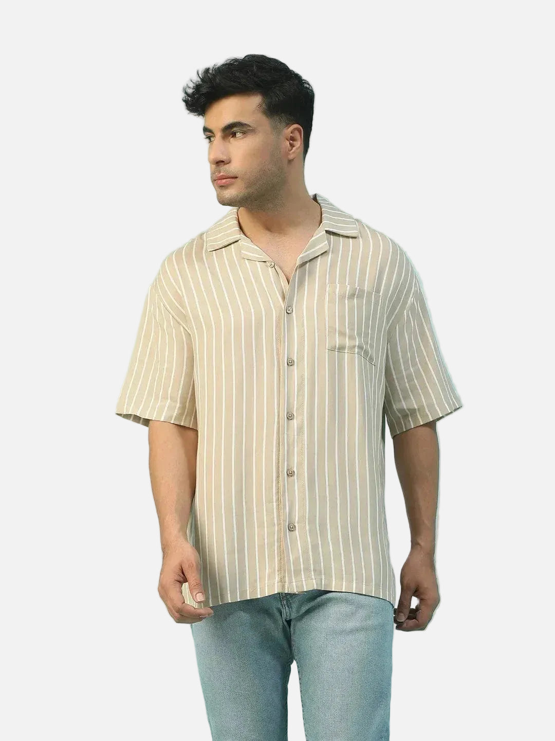 King Beige Stripe Print Lapel Collar Short Sleeve Oversized Men Shirt - oxolloxo