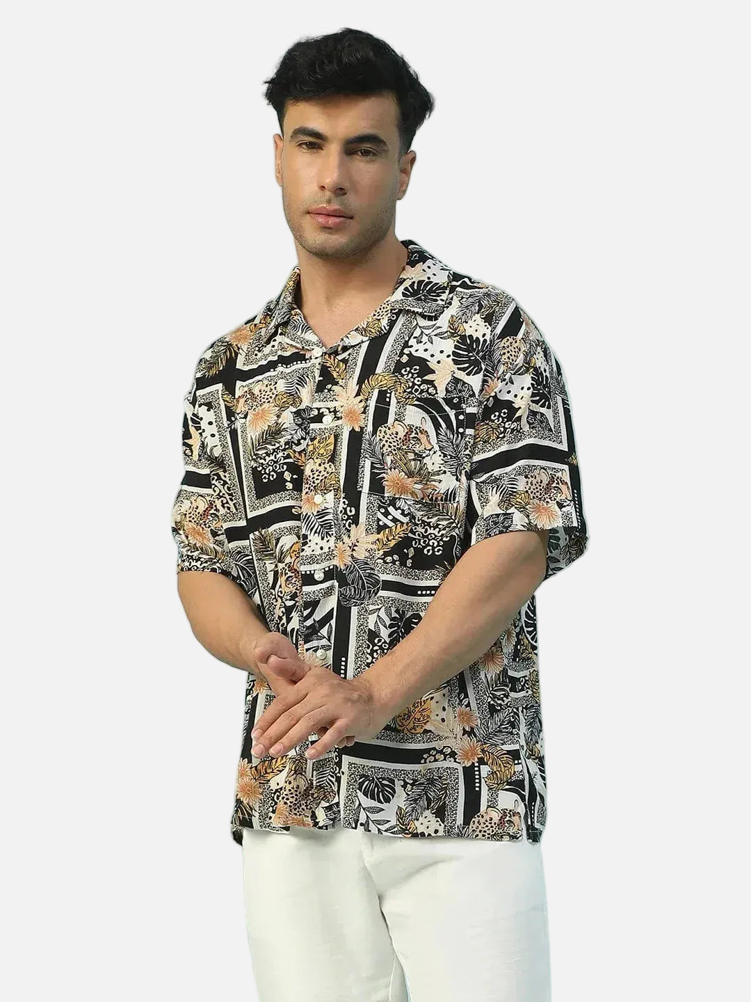 Roar Black Floral Print Lapel Collar Short Sleeve Men Oversized Shirt - oxolloxo