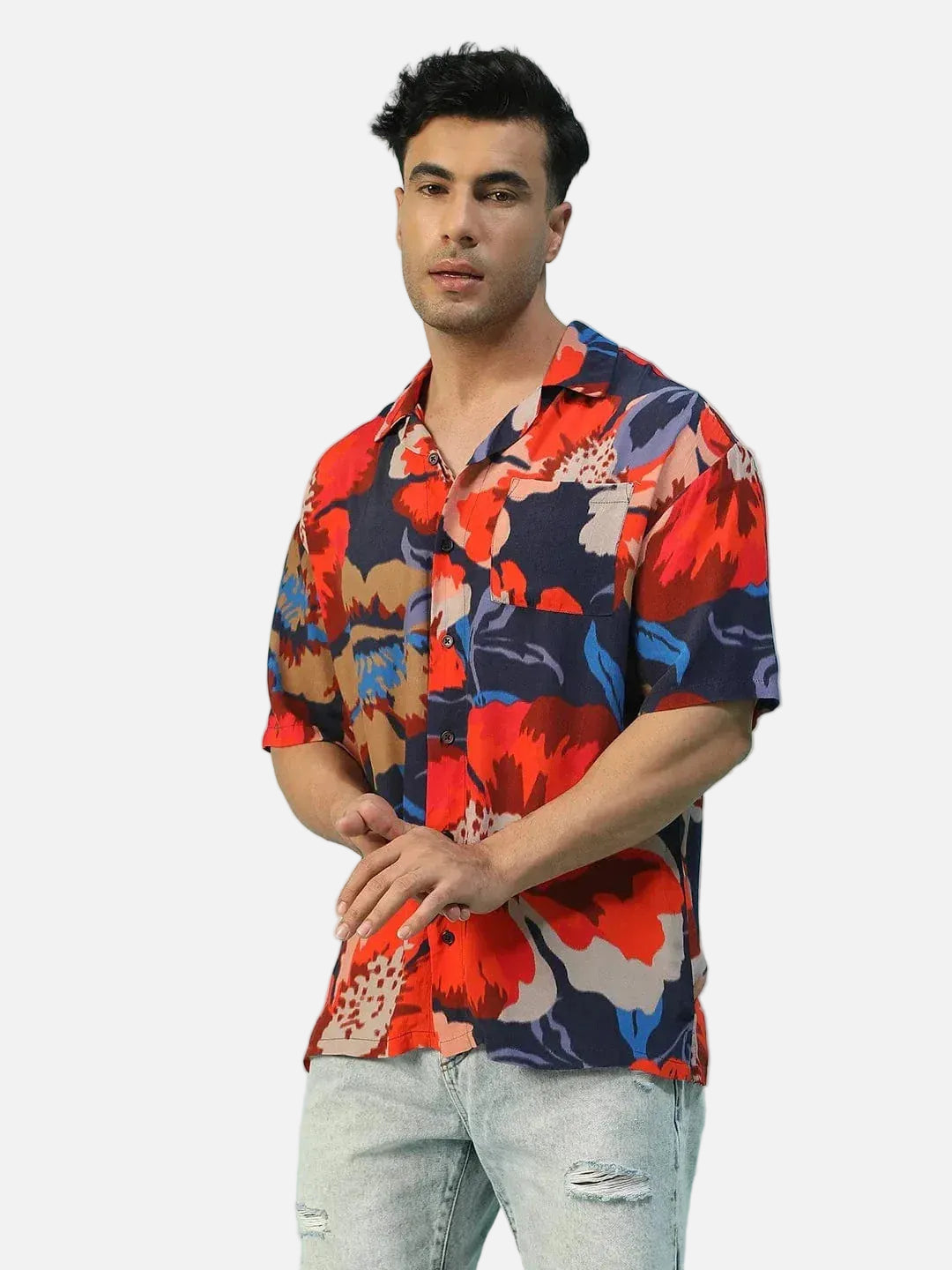 Beast Floral Print Multicolor Lapel Collar Short Sleeve Men Oversized Shirt - oxolloxo