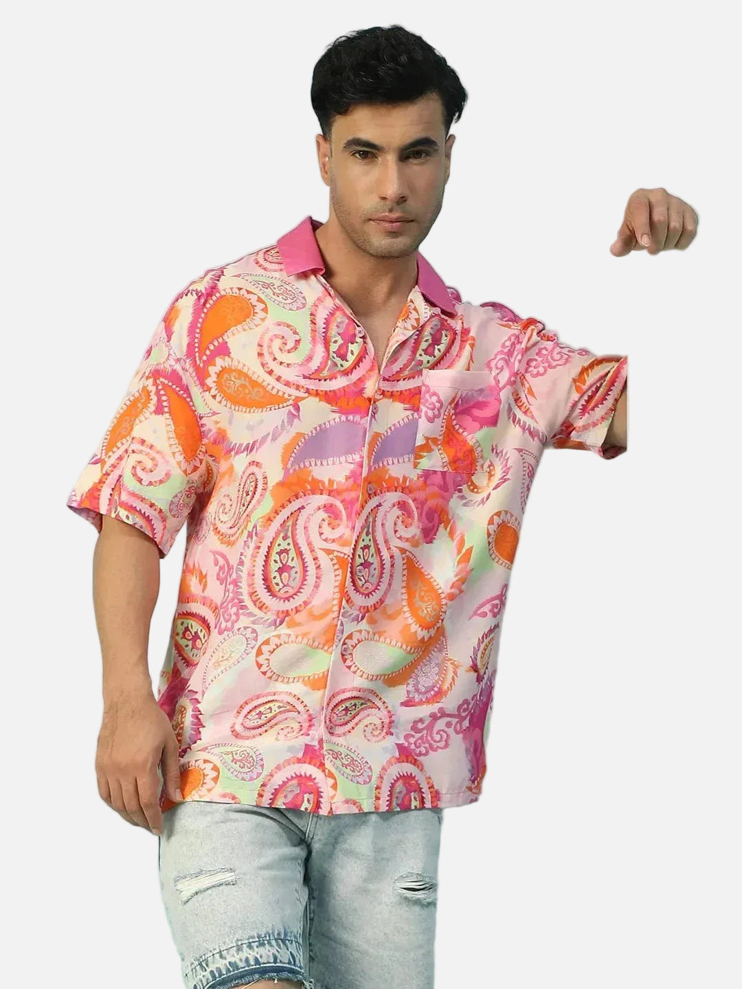 Fresh Paisley Print Multicolor Lapel Collar Short Sleeve Men Oversized Shirt - oxolloxo