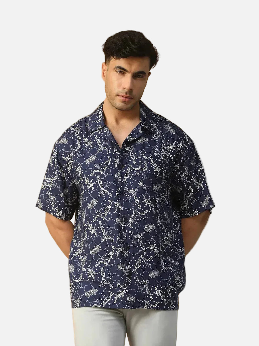 Stud Blue Floral Print Lapel Collar Short Sleeve Men Oversized Shirt - oxolloxo