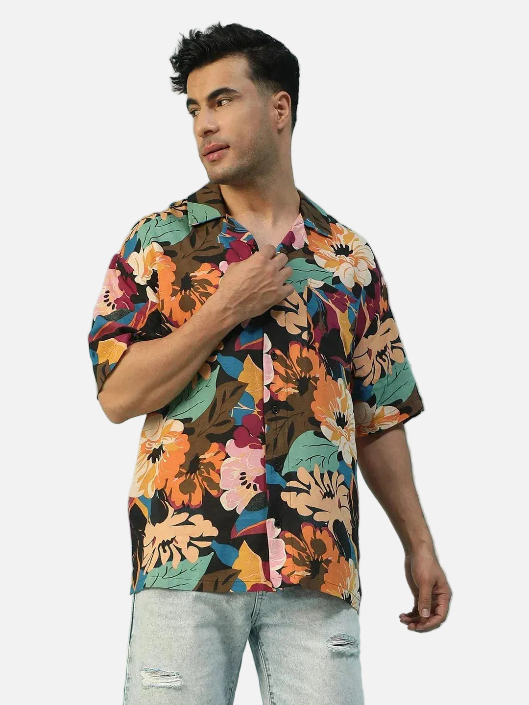 Savage Floral Print Multicolor Lapel Collar Short Sleeve Men Oversized Shirt - oxolloxo