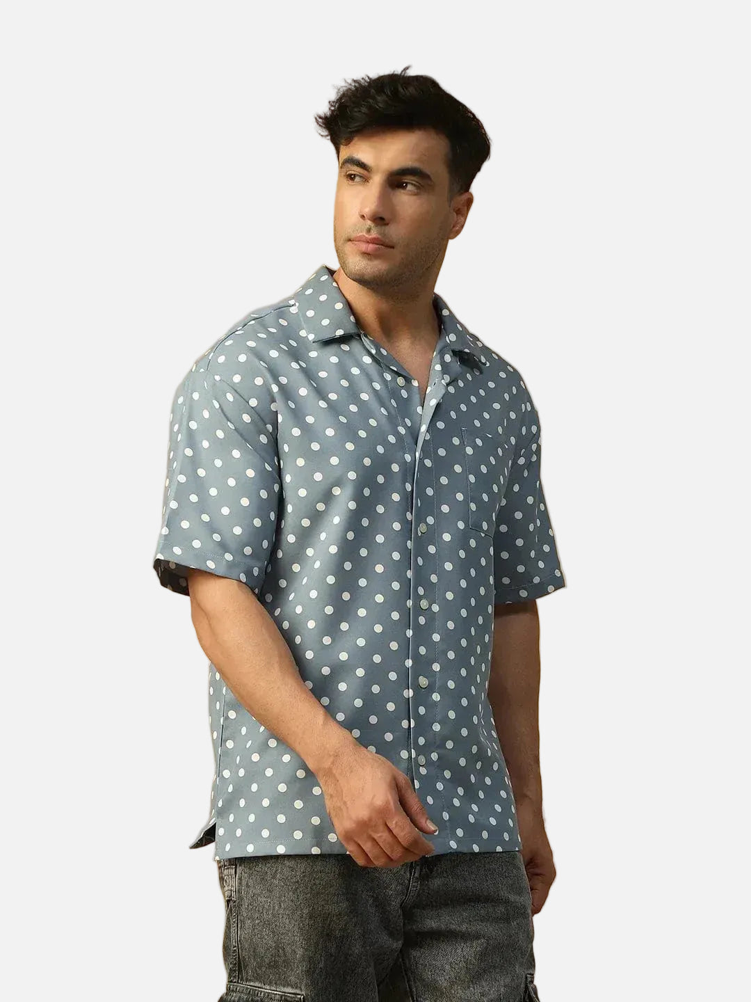 Boss Blue Polka Dot Print Lapel Collar Short Sleeve Men Oversized Shirt - oxolloxo