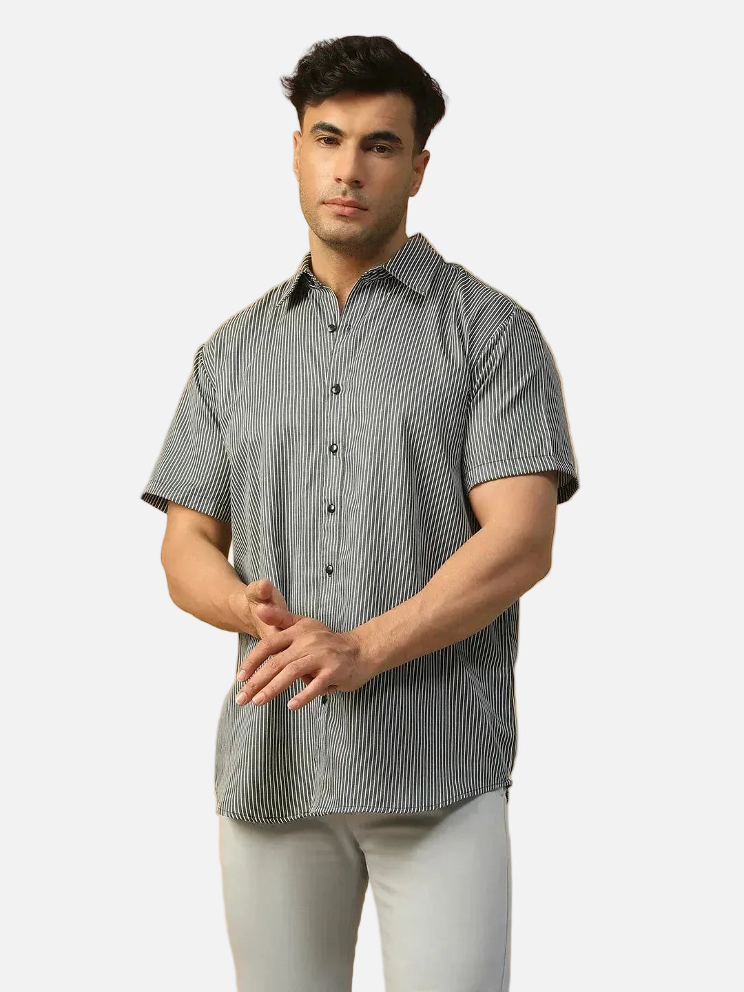 Legend Black Stripe Print Collared Short Sleeve Men Oversized Cotton Shirt - oxolloxo