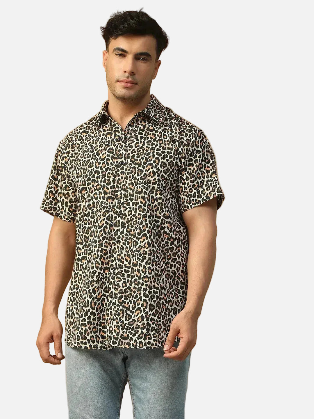 Trend Wolf Animal Print Multicolor Collared Short Sleeve Men Oversized Shirt - oxolloxo