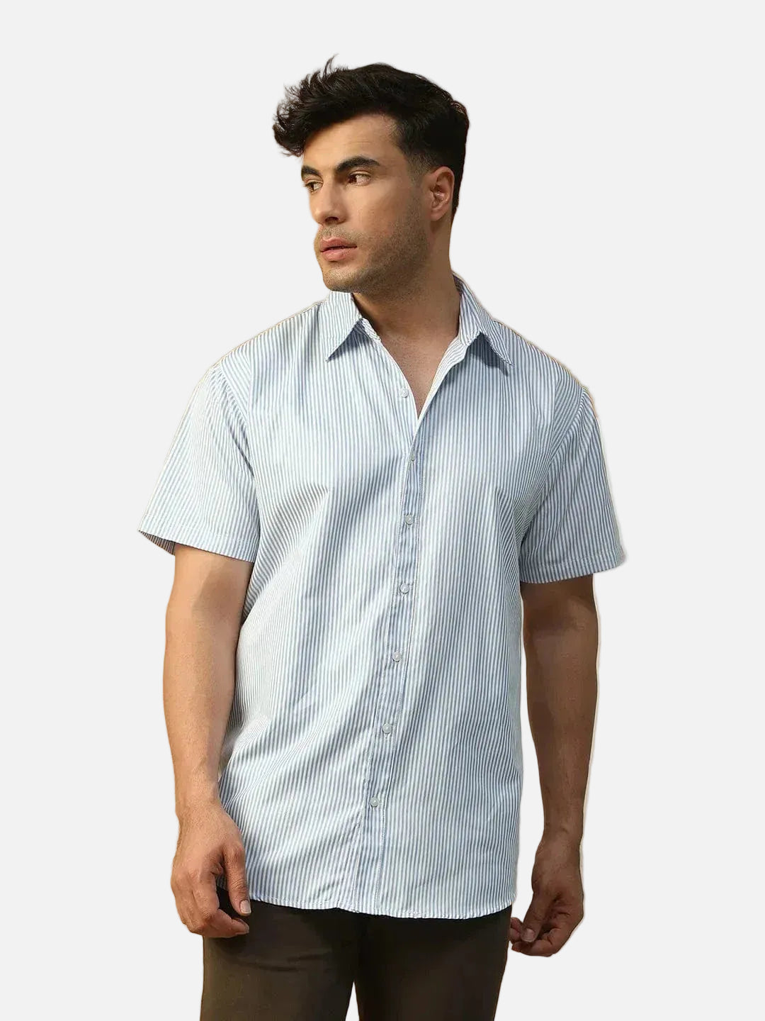 Slick Blue Stripe Print Collared Short Sleeve Men Oversized Shirt - oxolloxo