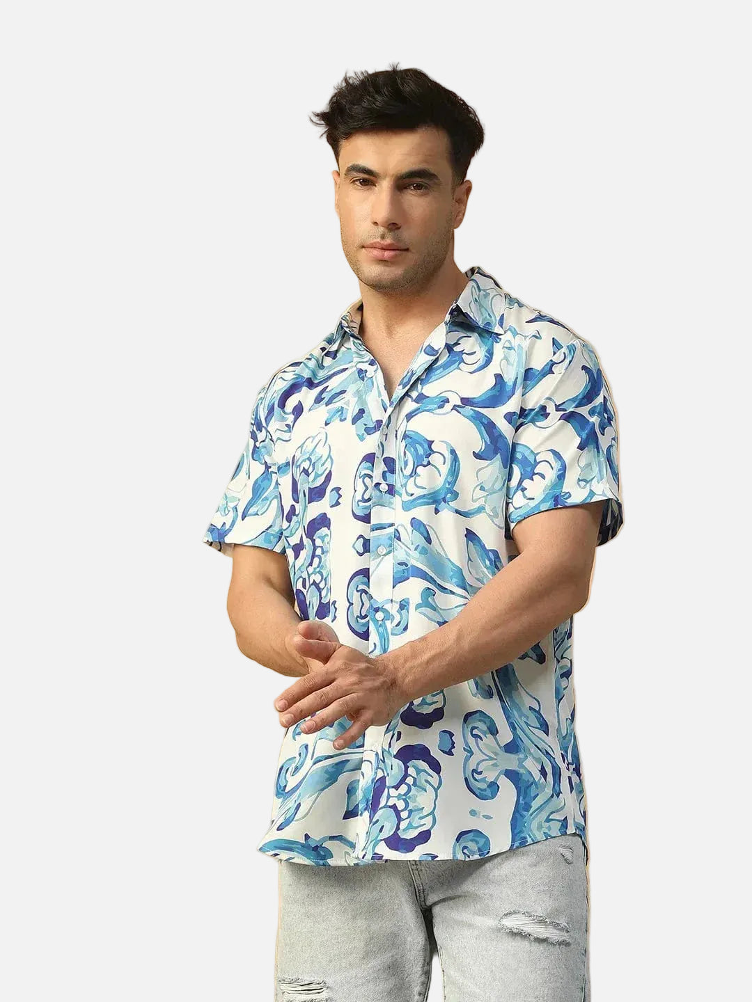 Player Blue Abstract Print Collared Short Sleeve Men Oversized Shirt - oxolloxo