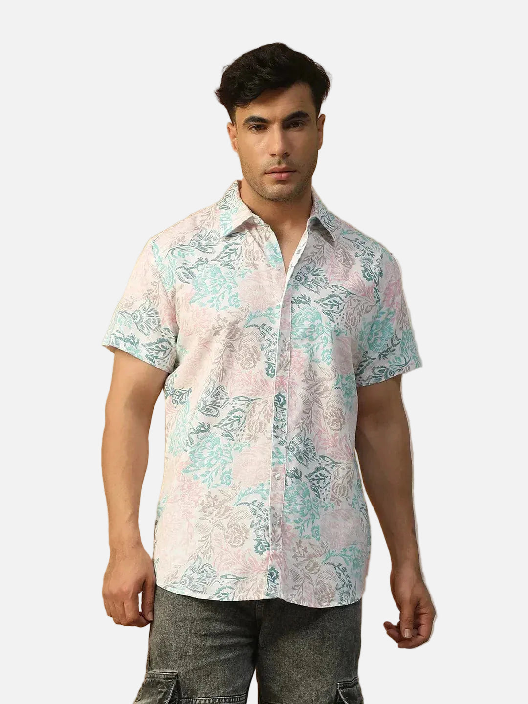 Rizz Tropical Print Multicolor Collared Short Sleeve Men Oversized Cotton Shirt - oxolloxo