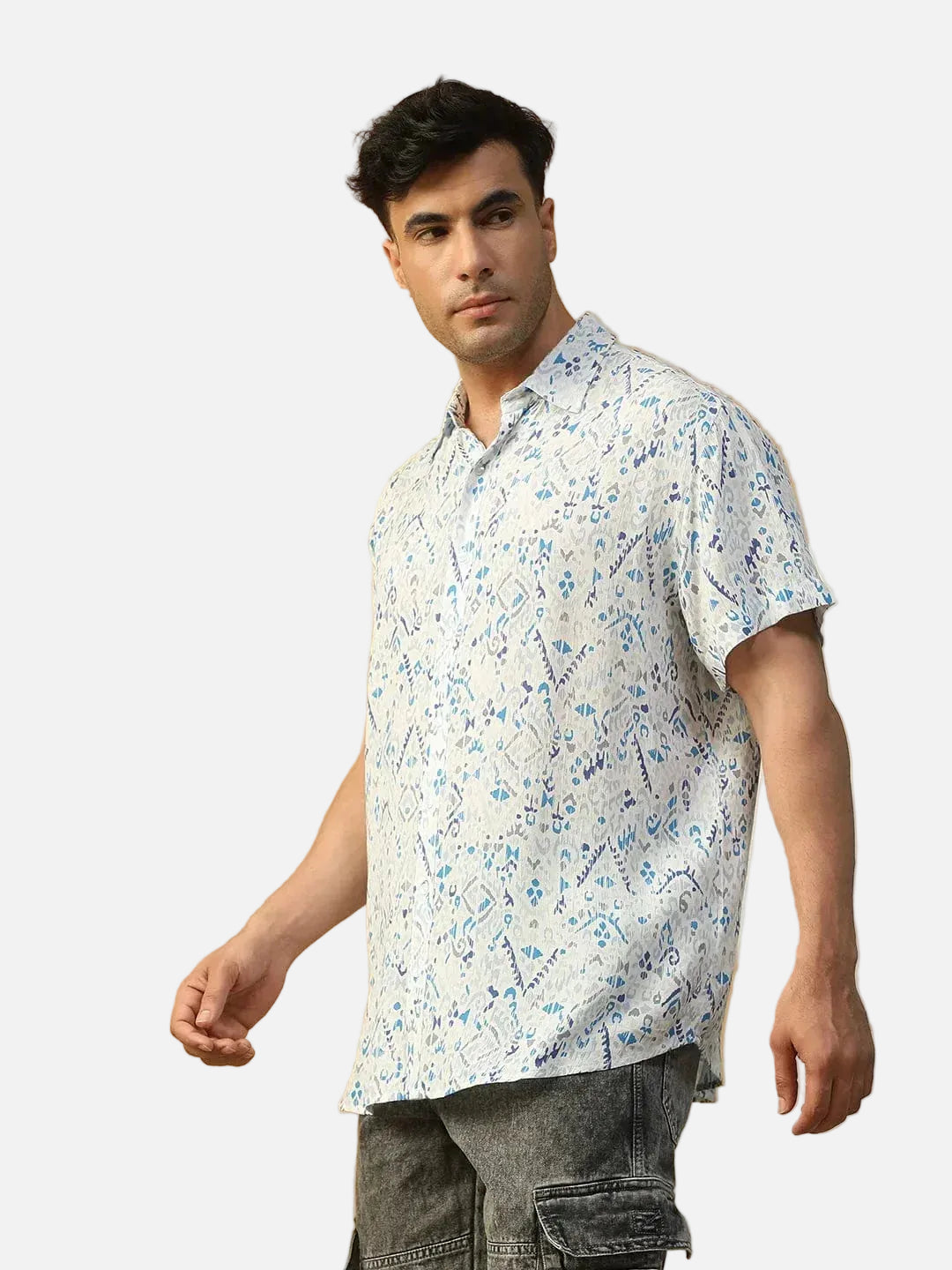 Flexer Abstract Print Multicolor Collared Short Sleeve Men Oversized Shirt - oxolloxo