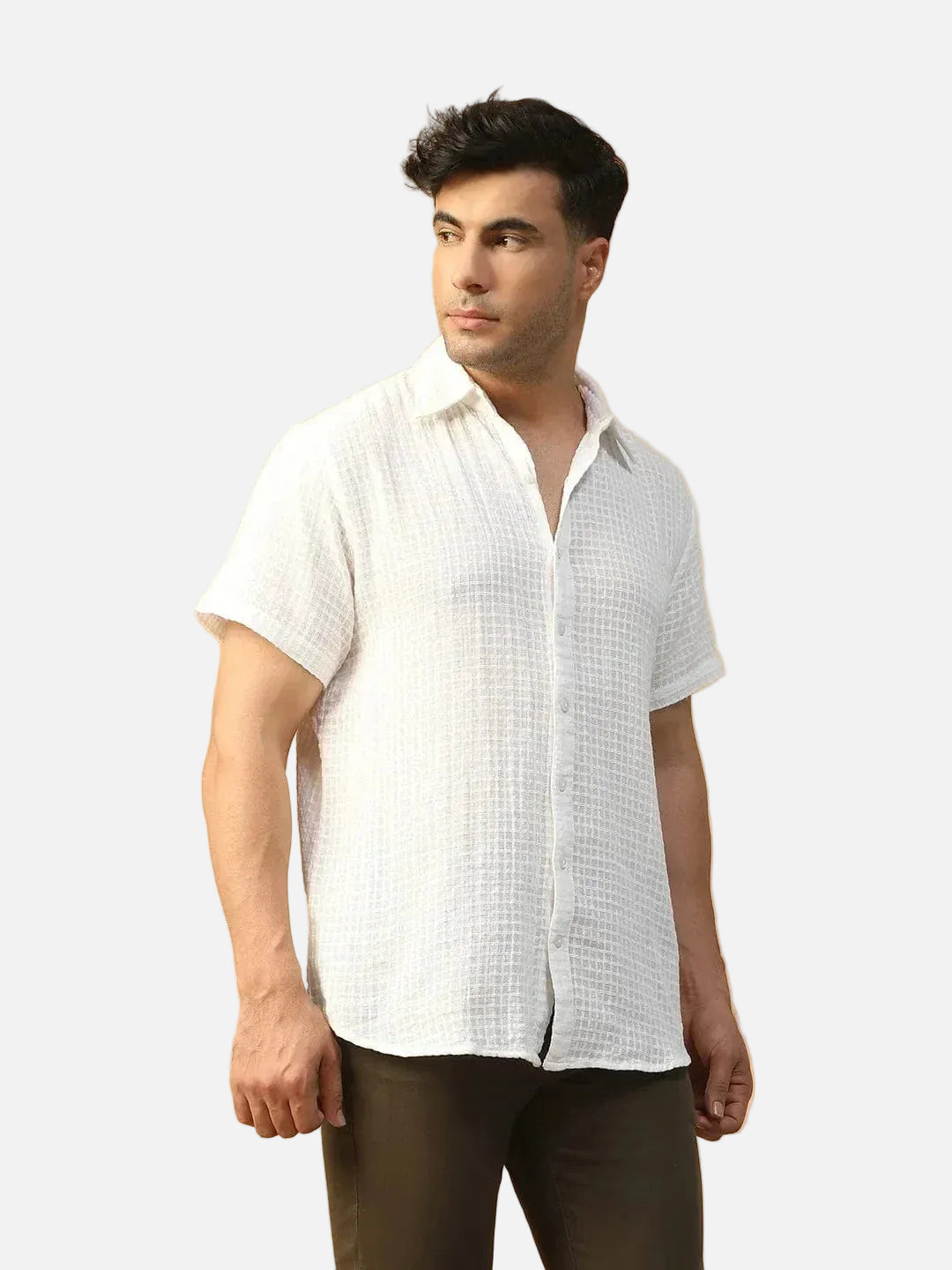 Rebel Solid White Collared Short Sleeve Men Cotton Dobby Oversized Shirt - oxolloxo