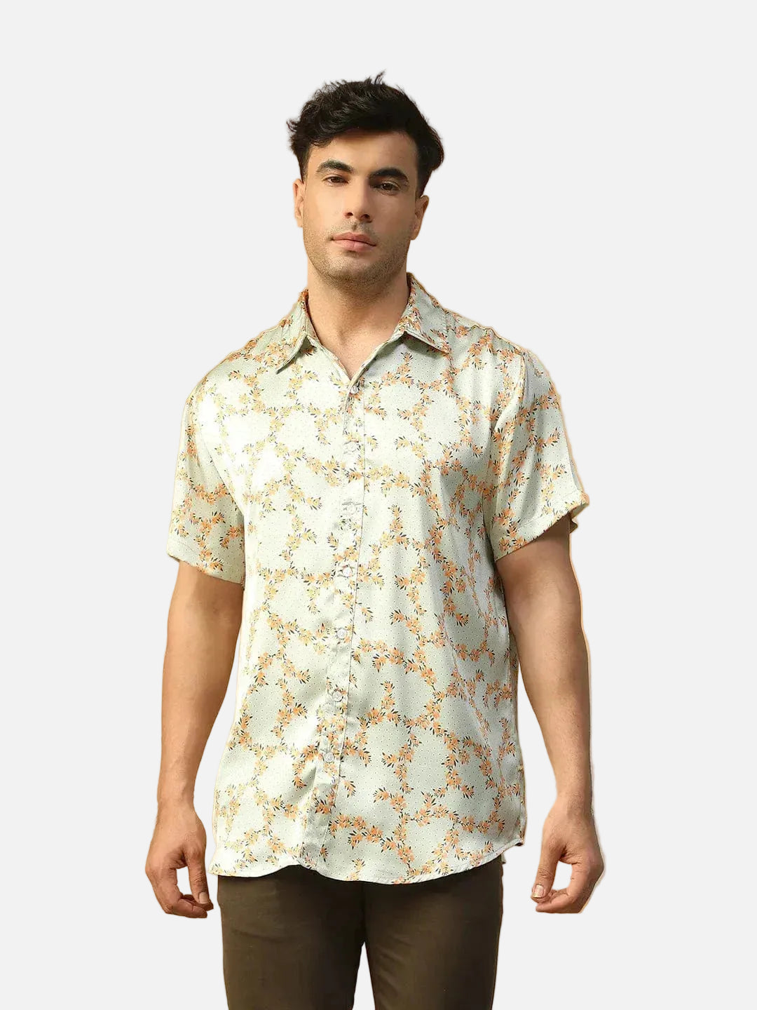 Drip Green Floral Print Collared Short Sleeve Men Oversized Satin Shirt - oxolloxo