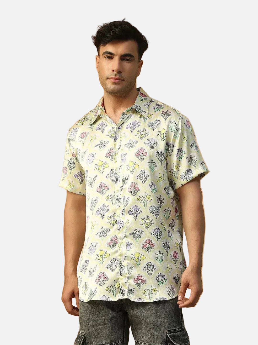 Luxe Floral Print Multicolor Collared Short Sleeve Men Oversized Satin Shirt - oxolloxo