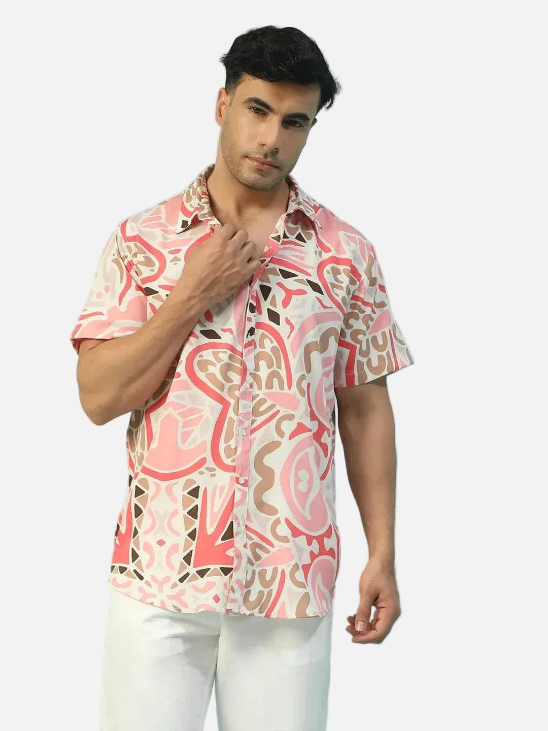 Swagger Abstract Print Multicolor Collared Short Sleeve Men Oversized Shirt - oxolloxo